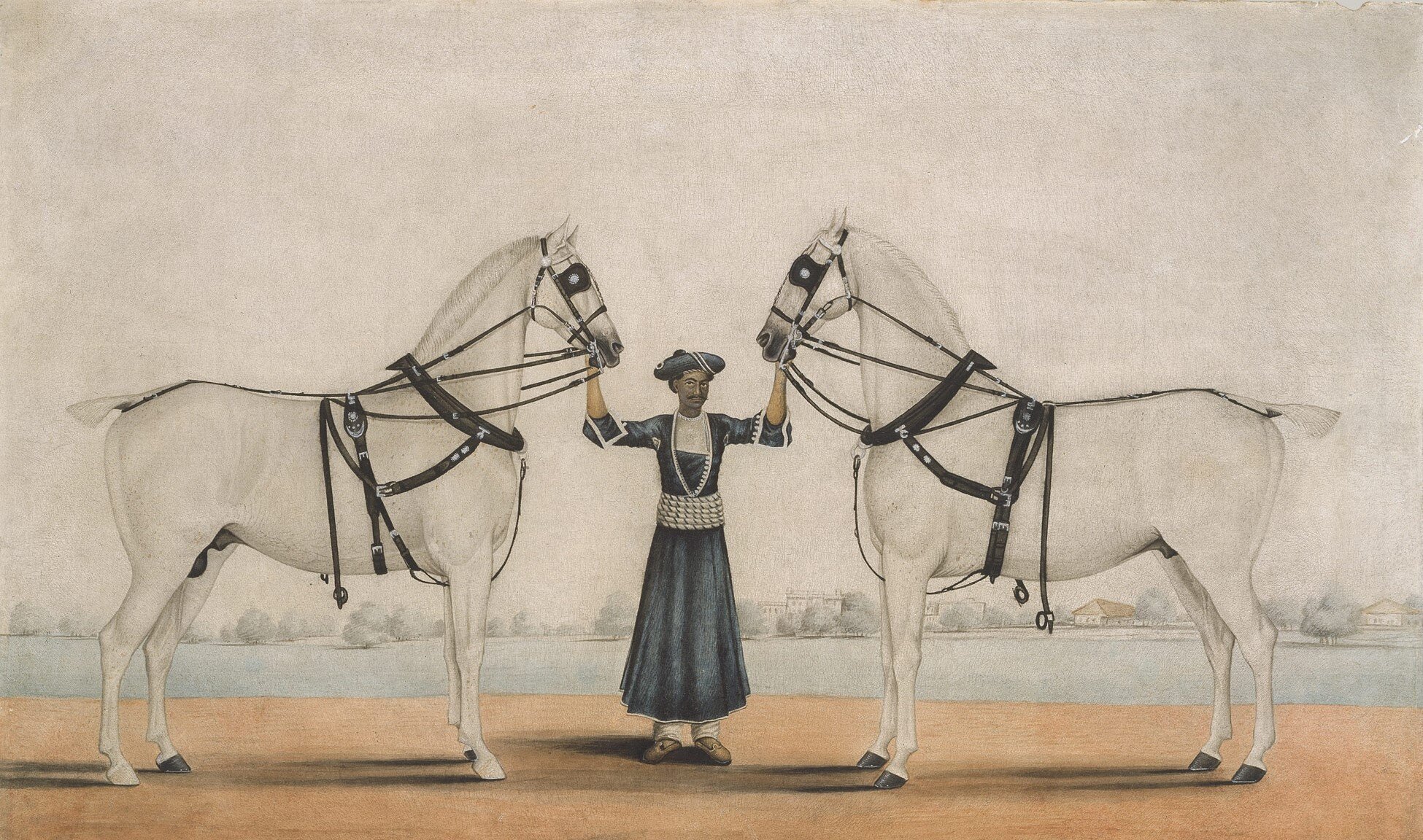 a-syce-groom-holding-the-two-carriage-horses-by-shaikh-muhammad-amir-of-karraya-famous-indian-art-handmade-oil-painting-on-canvas