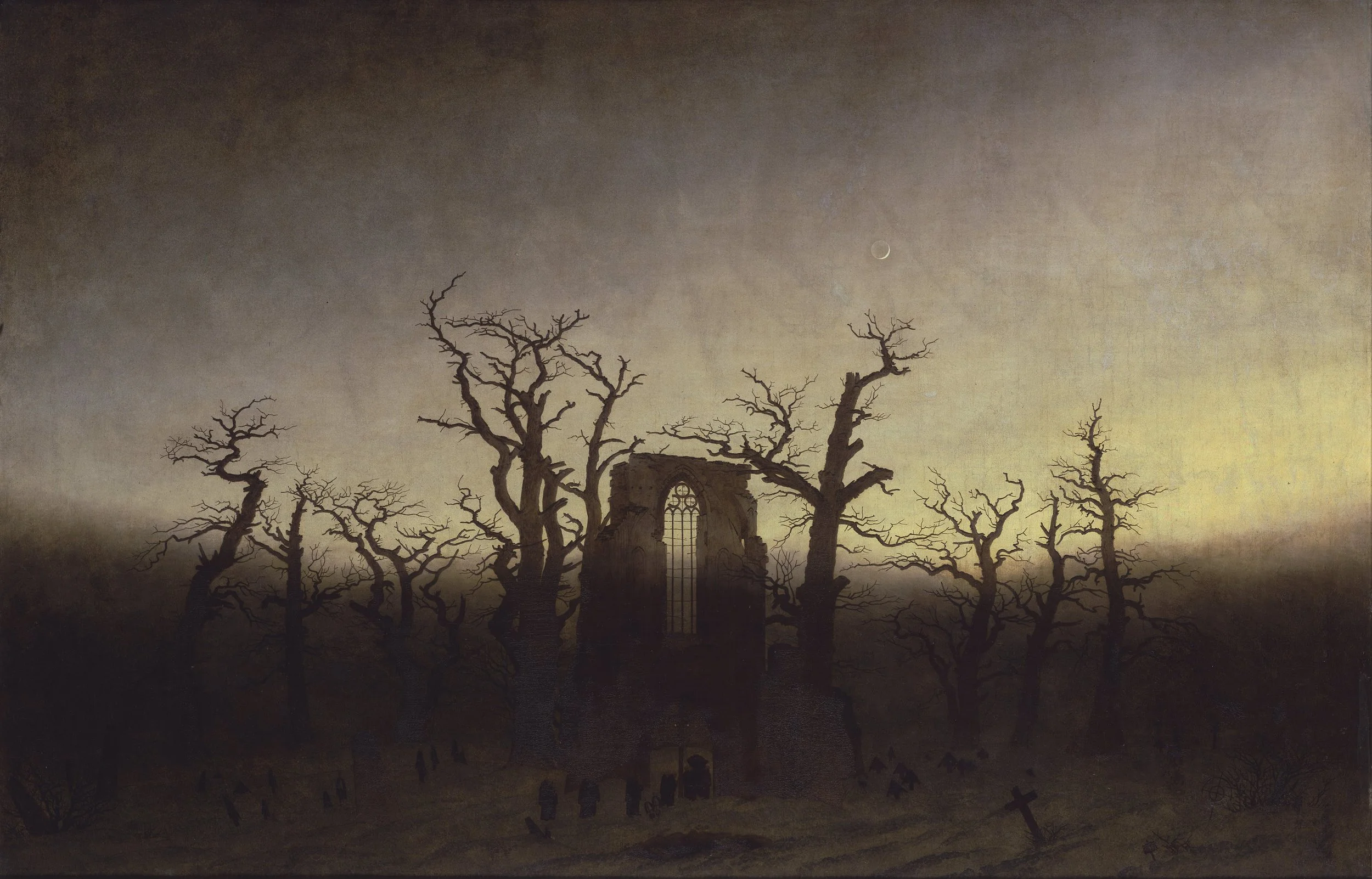 Handmade oil painting reproduction of The Abbey in the Oakwood by Caspar David Friedrich featuring gothic ruins and moody trees.