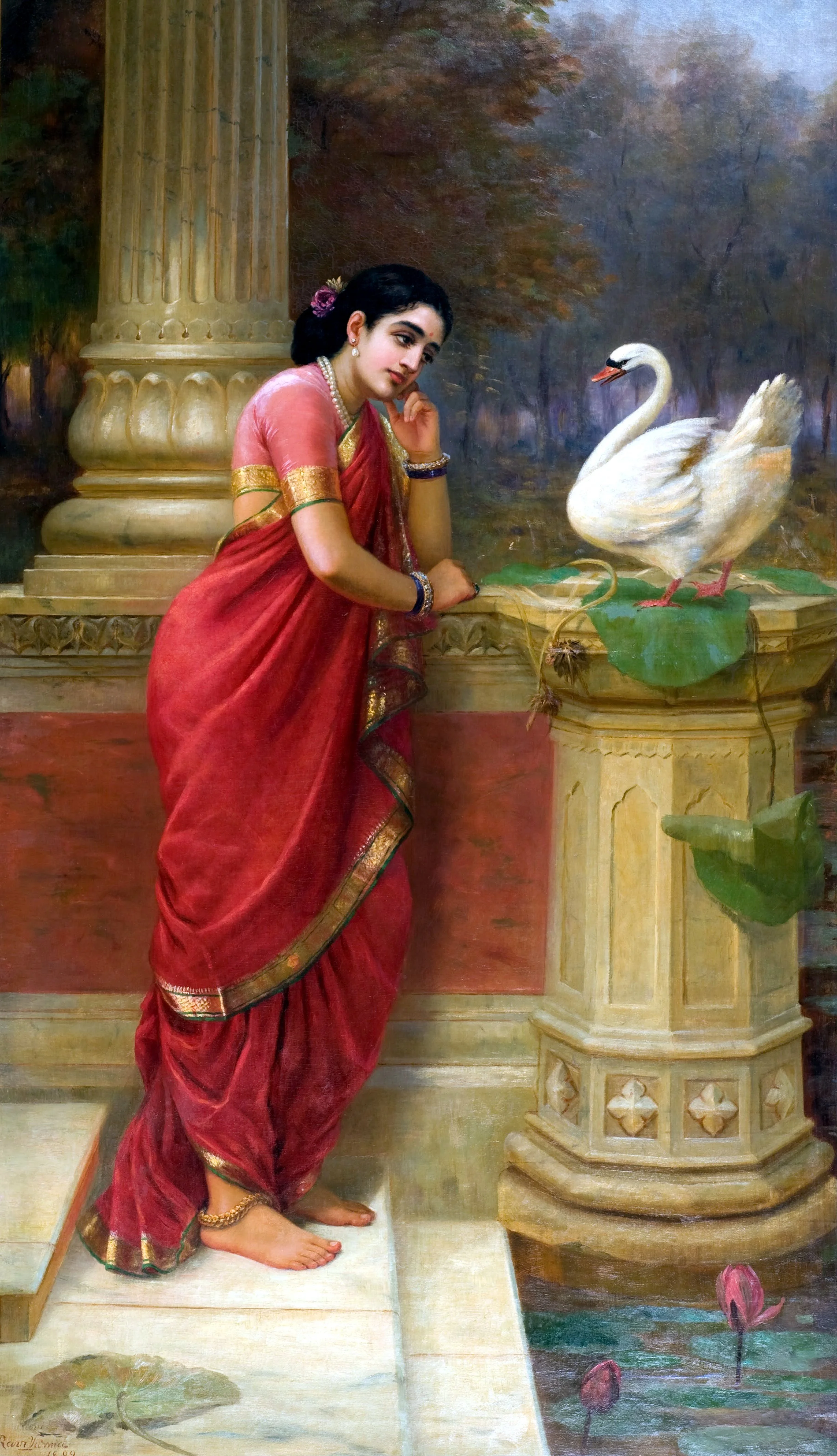Hamsa Damayanti by Raja Ravi Varma hand-painted oil reproduction on canvas