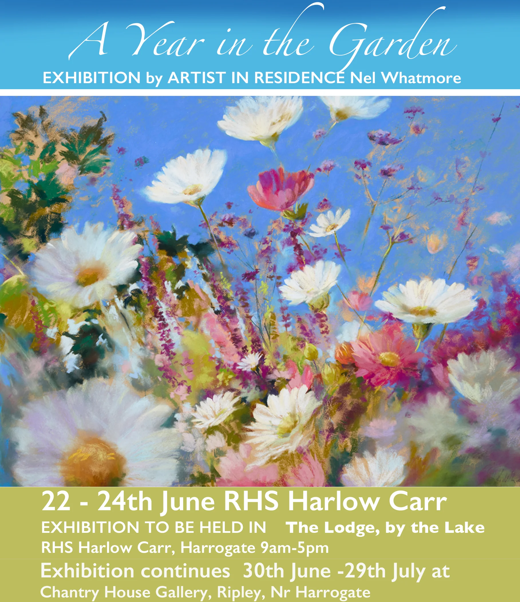 Well it's all done and dusted and I will be at Chantry House Gallery on Saturday from 11-5pm so if you want to go somewhere cool and colourful then do pop in! The flower show was great but now I have moved the exhibition to Chantry House where it will be on for month. there are also some other paintings that weren't at the flower show for you to see. I am hoping to have a bit of a rest soon...well in August actually, as it has been a very busy year. But we do have two courses to run first down in Devon and at the Centre of England Arts centre at Hampton in Arden before that. If you want information then please email me nelartforliving@yahoo.com I do hope your gardens are not looking as fried as mine but they probably are. It is always too much l hassle to get the hose out so it means far too many watering can trips. My plants are just not used to being lasered!! Later in the year I am heading up to Achiltibuie on the west coast of Scotland with three friends to go and paint which will be an adventure. I am hoping that the gazillion midges will have died by then fingers crossed. It is currently like an absolute sauna in my studio so no painting is being done at all. Although I am getting rather itchy fingered to get stuck into doing some more abstracts shortly. Anyway I hope you are all not melting and if you do by chance have a spare minute then please leave a comment as sometimes one does feel as though ones is rambling to oneself when actually, on this occasion, I am avoiding cleaning my very dirty studio as I am thinking I may have to do it naked as it's so hot. And REALLY NO ONE WANTS TO SEE THAT! But hey I am at the top of the house and no one can see, it would just mean that any dash to answer the door may not happen ! I would so rather be cold than hot always.