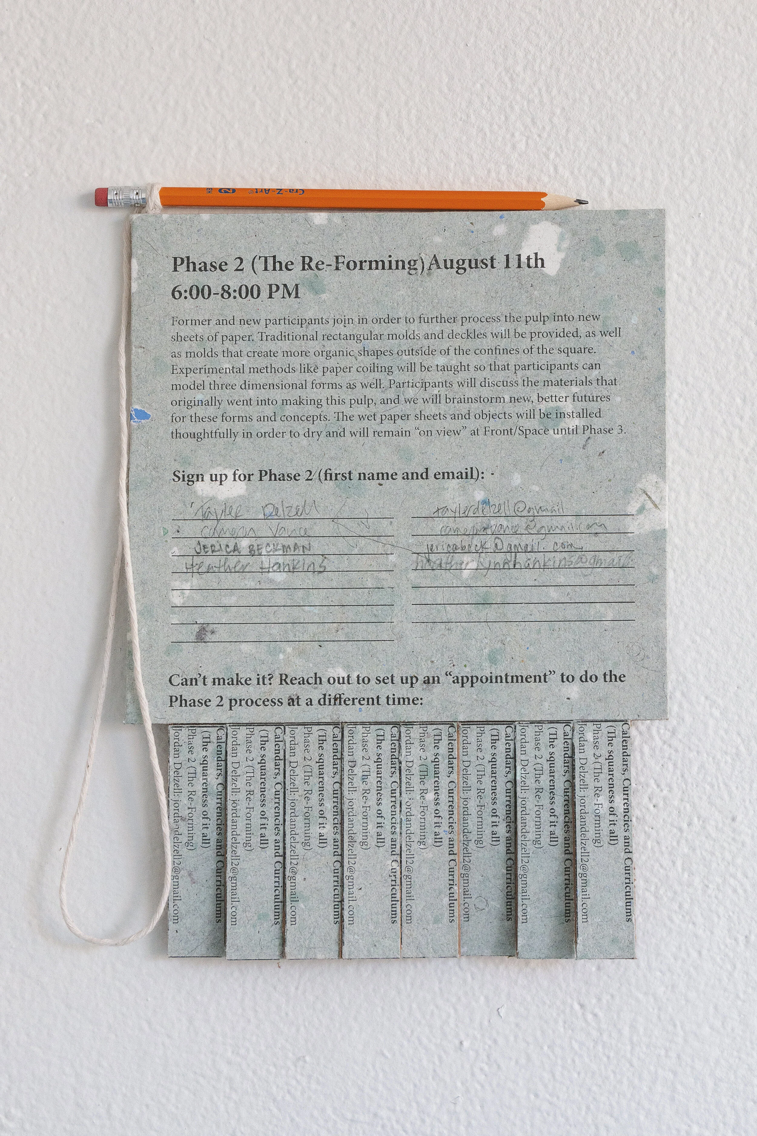 Phase 2 (The Re-Forming) wall text/workshop sign-up sheet detail