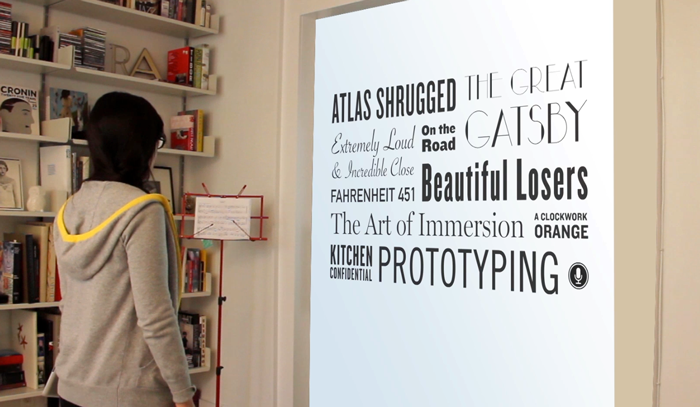 Projected, full scale, prototype of the book wall showing the library title view. 
