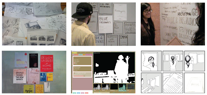 Views of prototypes of varying levels of fidelity that we made throughout our design process.