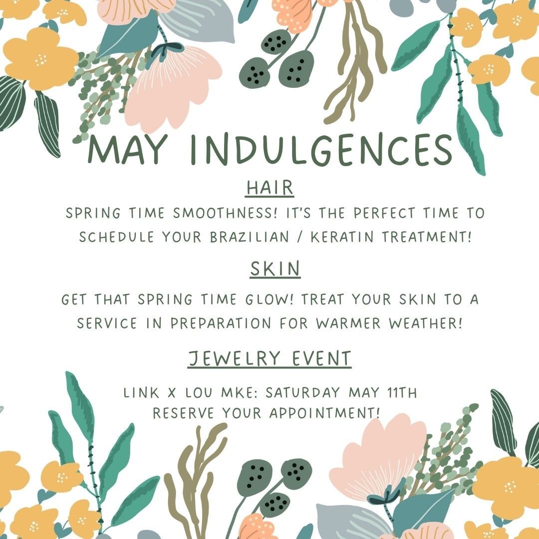 🌷 May Indulgences 🌷

We're channeling SPRING energy at @indulgestudios! 

✨ Now's the time to schedule yourself a brazilian blowout or keratin treatment! ✨

🧖&zwj;♀️ Treat your skin to a service with @skin_by_reese to embrace your inner glow! 🧖&z