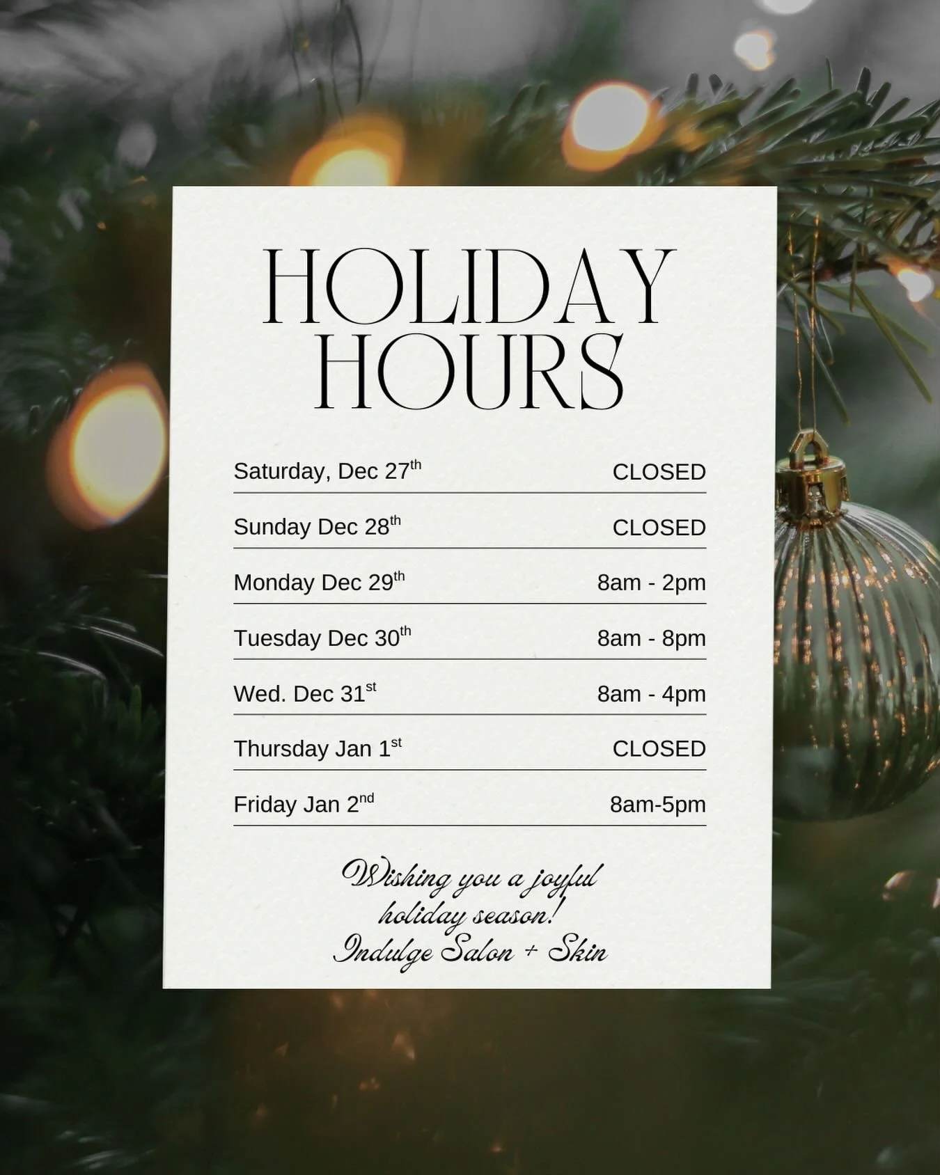 Holiday week hours ✨
Our schedule is slightly adjusted this week, so be sure to plan ahead. Wishing you a week full of love, joy, and holiday magic 🫶🏼🥂
