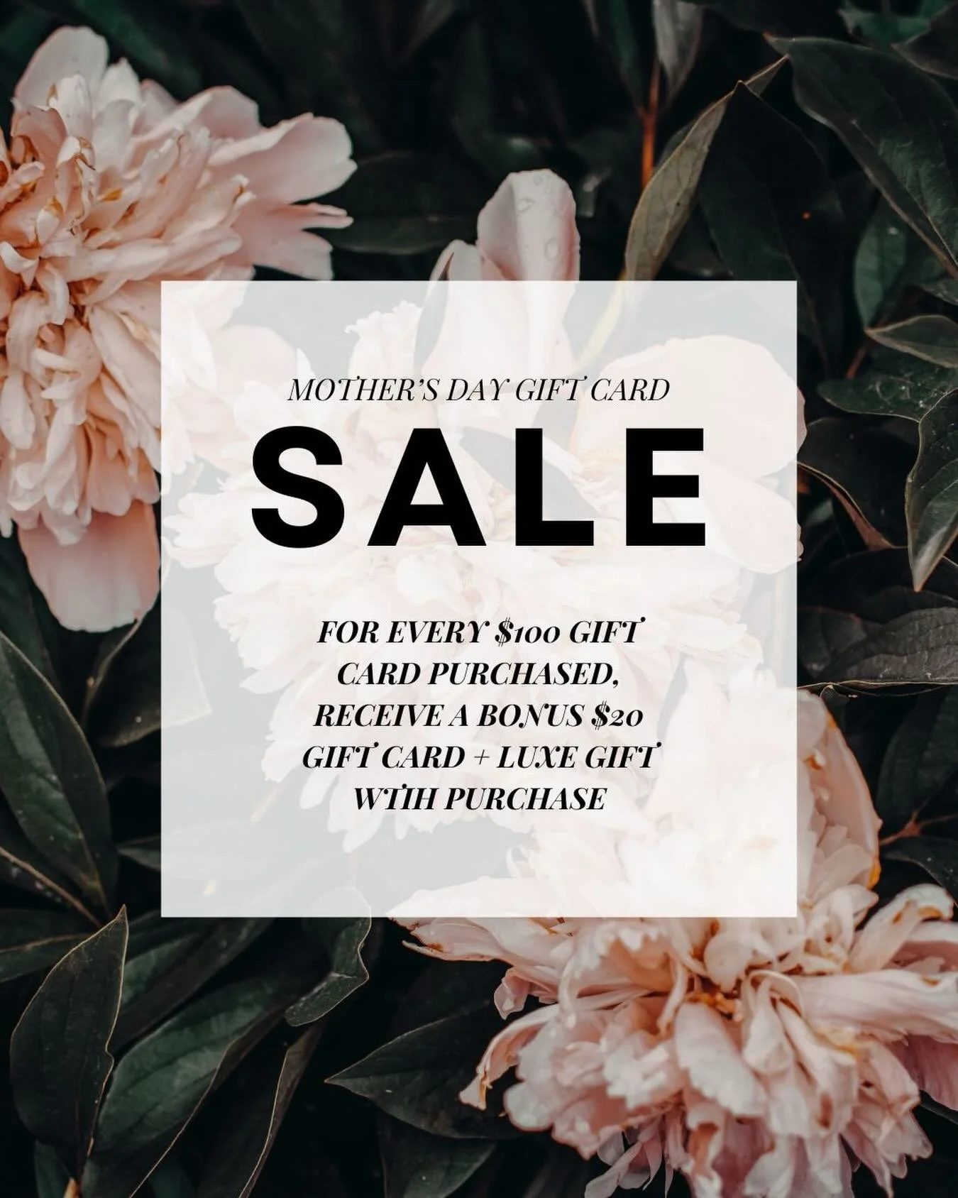 Mother&rsquo;s Day magic! Buy a $100 gift card and get $20 on us + a luxe gift with purchase. Treat Mom (or yourself 😉) Offer ends Saturday May 9th. Give us a call or stop in.