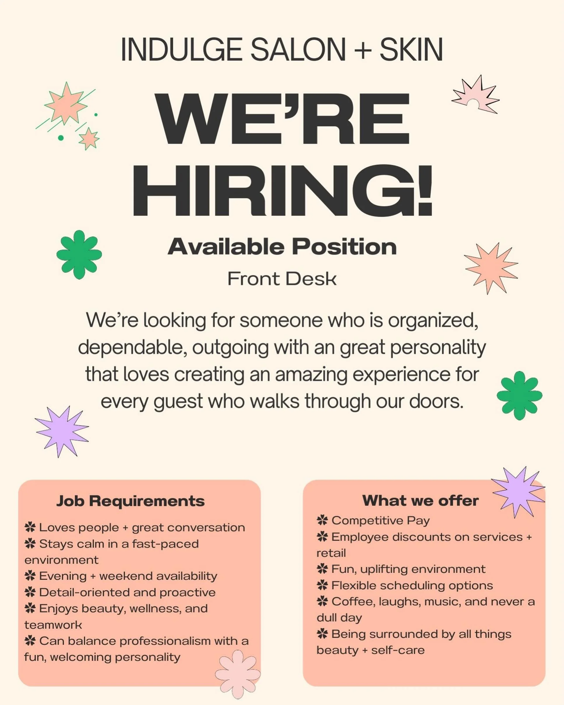 📣We&rsquo;re hiring📣 Front Desk staff! Email resume to Leslie at indulgestudios@att.net