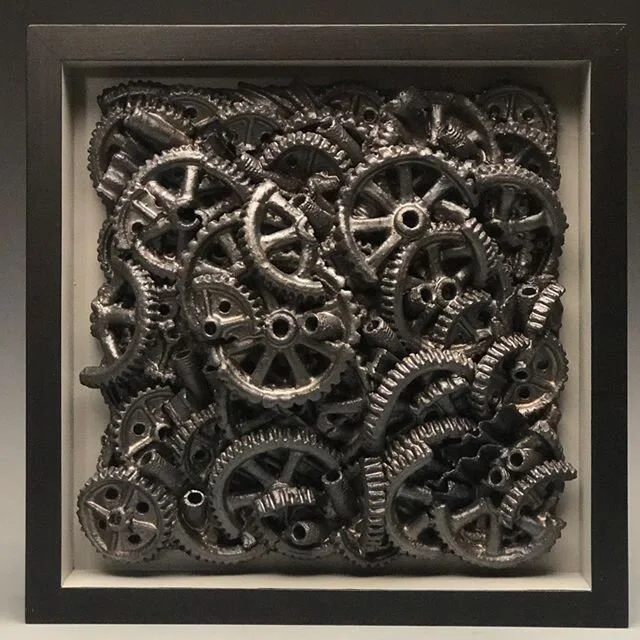 Industrial Fossil,Miscellaneous Gear Pile #2.Starting to photo my sculptural bits and get em up on the site.The gears keep turnin.Stay safe and well.❤️❤️#oddinq #industry #industrialfossil #ceramicsculpture #handbuiltceramics #sculpture #rustbelt #in