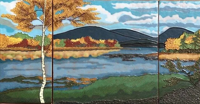 Commission I just finished.A scene on Mount Desert Island in fall color.It was a challenge but I think I got it.Working on the frame now.Be safe and be well.We can all do better.❤️❤️❤️❤️#oddinq #tile #handmadetile #ceramics #artsandcraftsstyle #madei