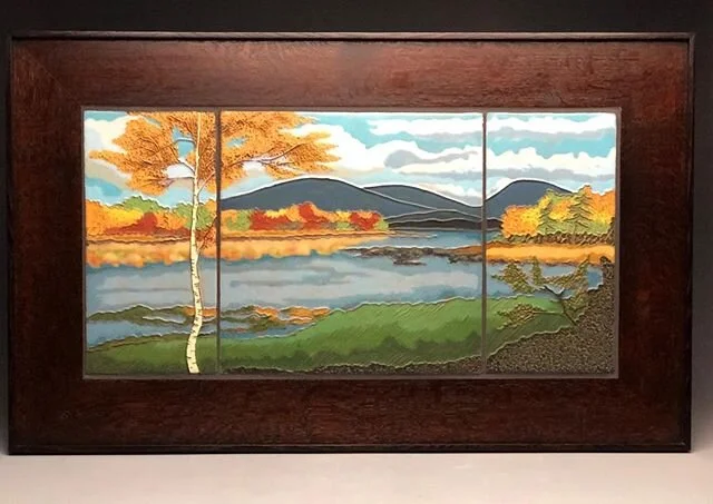 Recent commission complete.I love how tiles look when they are set.#oddinq #handmadetiles #artsandcraftsmovement #ceramics #tiledesign #quartersawnoak