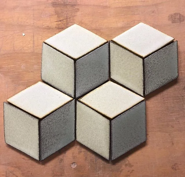 A project that had been set aside.Tiles in tumbling block pattern.Stoneware clay and glaze.#oddinq #oddinqtile #handmadetiles #ceramics #clay