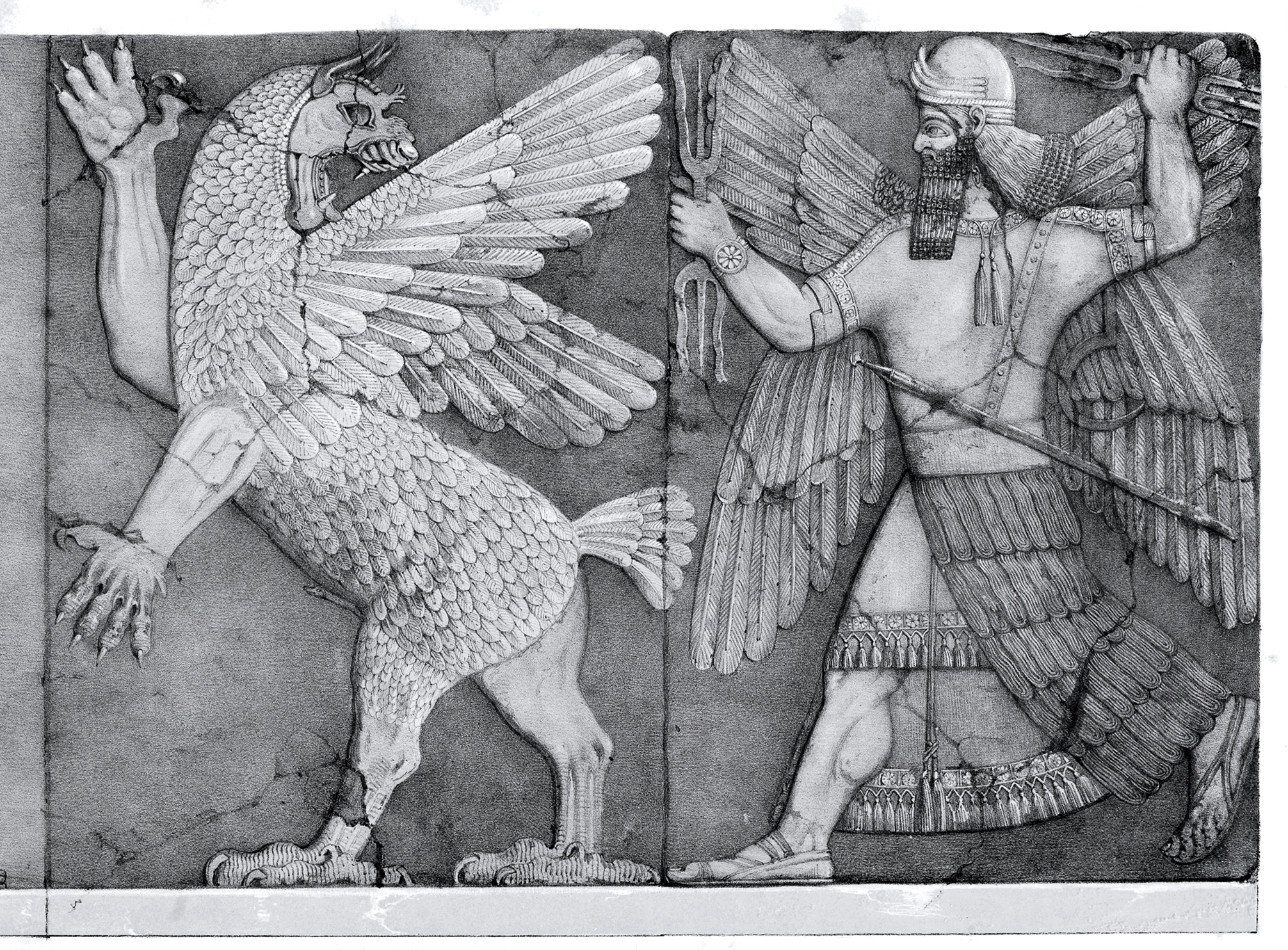 The Babylonian god Marduk fights the chaos monster Tiamat. 