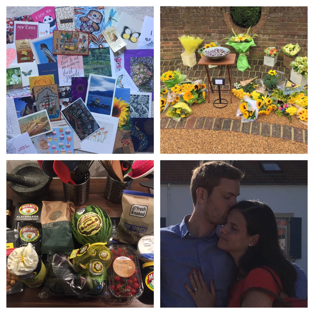 Some of the letters, cards and postcards we've received / Flowers and a bowl of Celebration Snickers at Olivia's service / Everything I love for breakfast / Just before Olivia's mass in France