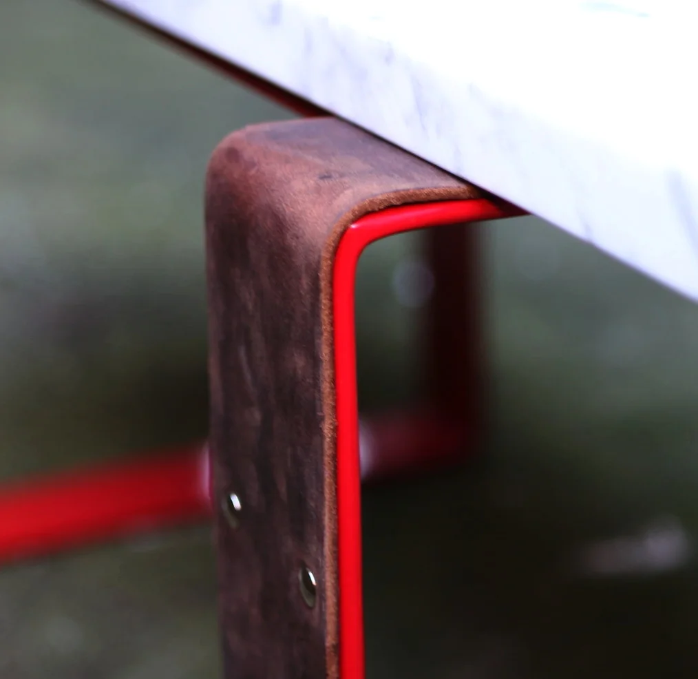 Buffalo Hide Clad Ferrari Red Powder Coated Steel Coffee Table Topped With Carrara Marble Slab 2016