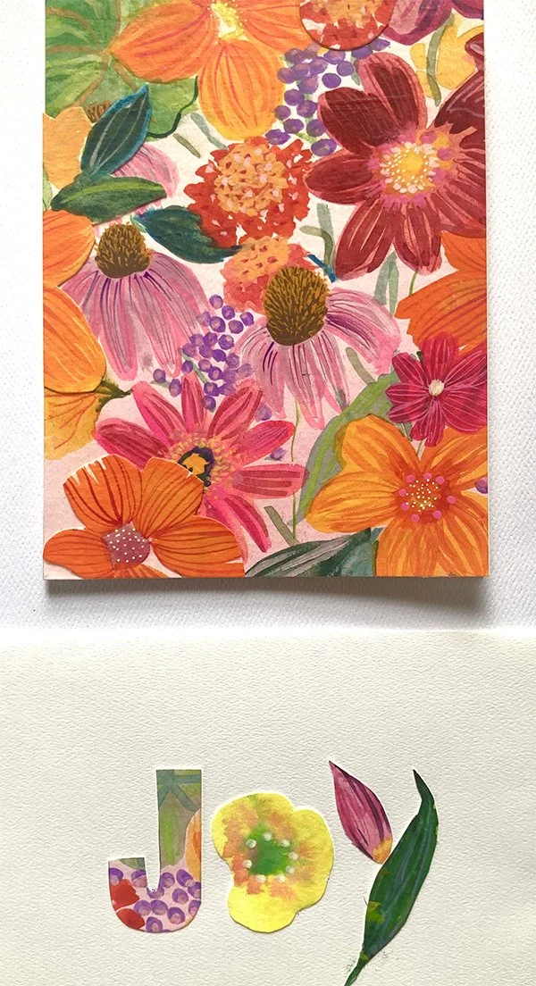 "Joy" floral, watercolor, gouache and collage