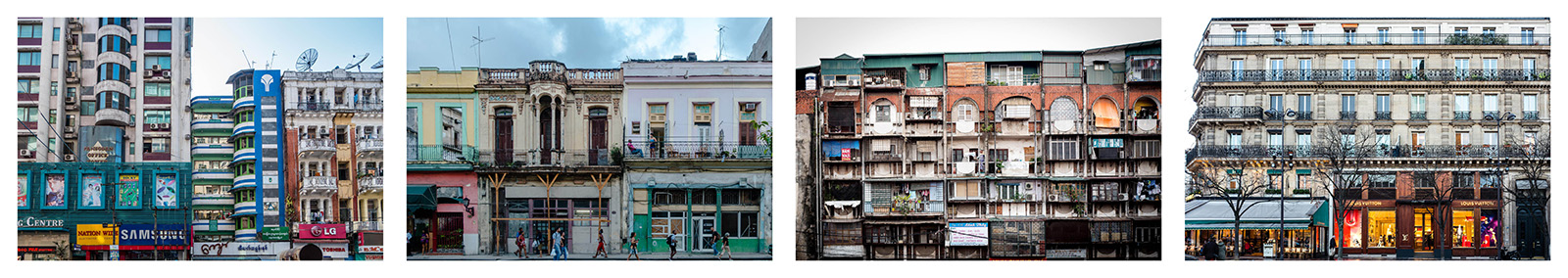 Apartment buiuldings. Myanmar 2015, Cuba 2017, Hanoi 2017, Paris 2018