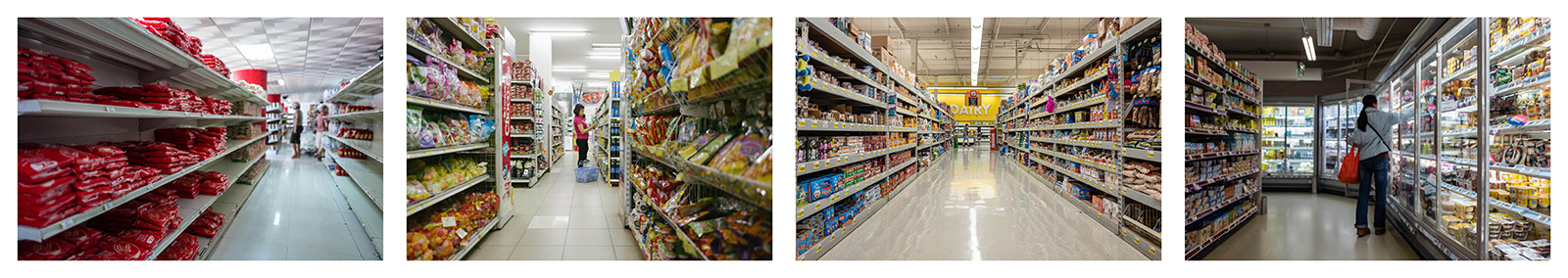 Grocery Aisles. Havana 2017, Hanoi 2016, Los Angeles 2017, Paris 2018