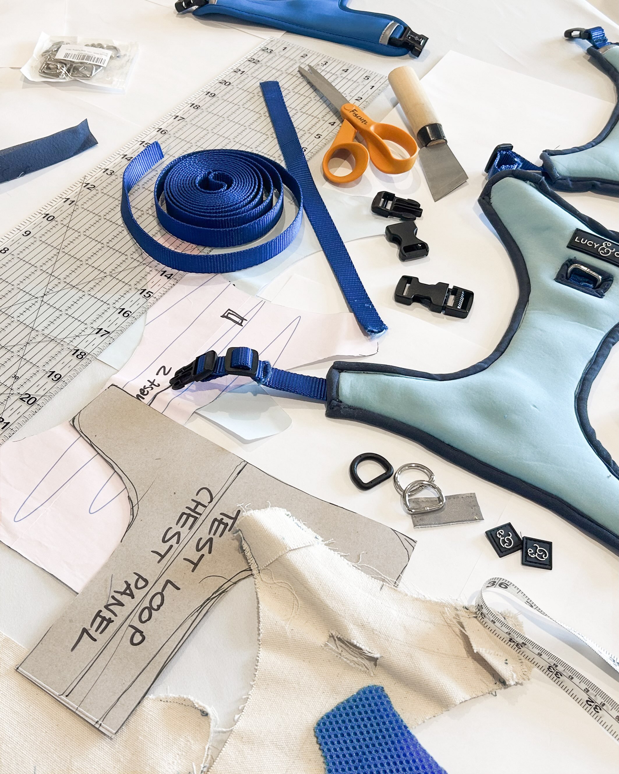 Can&rsquo;t go wrong with a hands-on process.

Building quick, physical prototypes was essential to anchoring our design for the @lucyand.co harness - testing utility and fit early on in the process. 

Never abandon the cutting mat 😤✂️