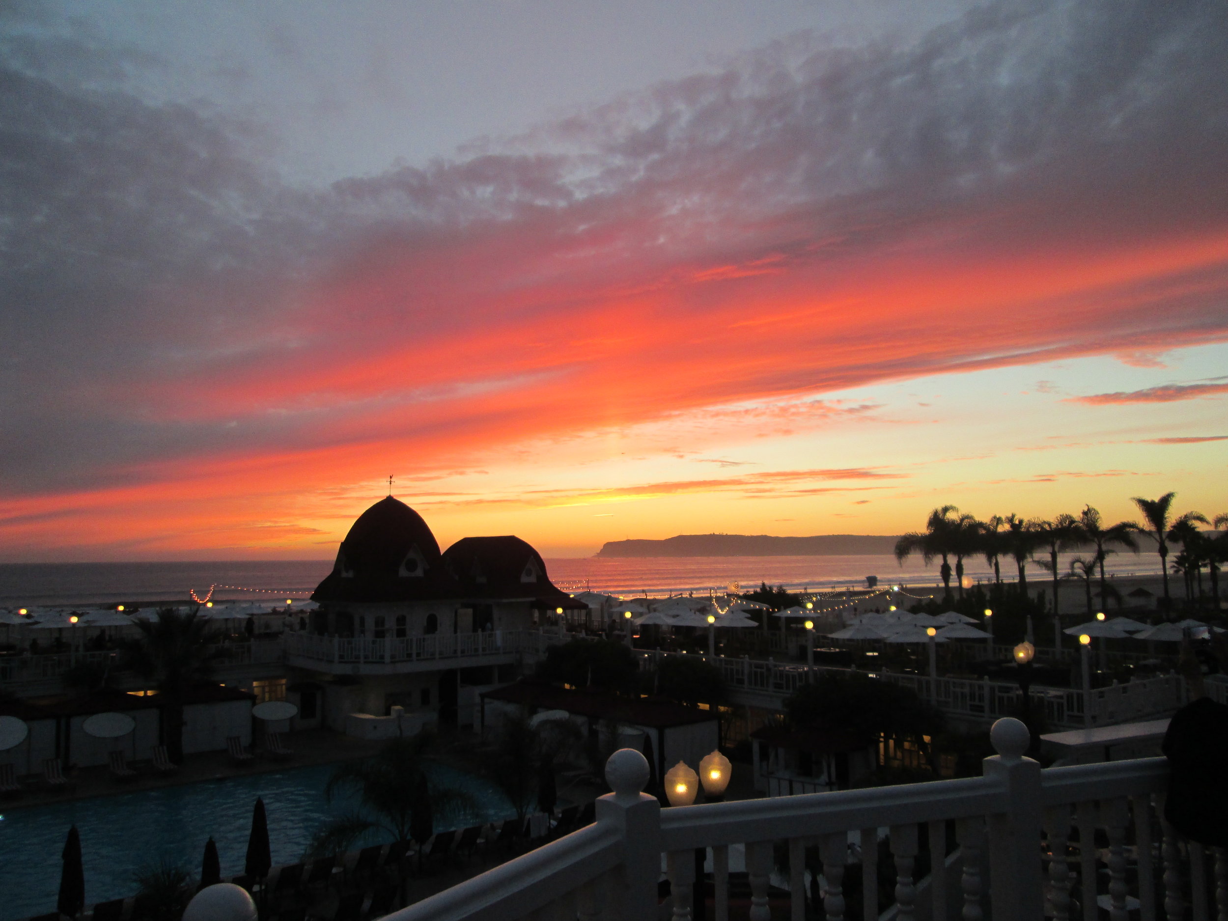 Here’s a sunset at the lovely Hotel del Coronado. Walking barefoot on the beach in November is not too shabby. Nice going, California!