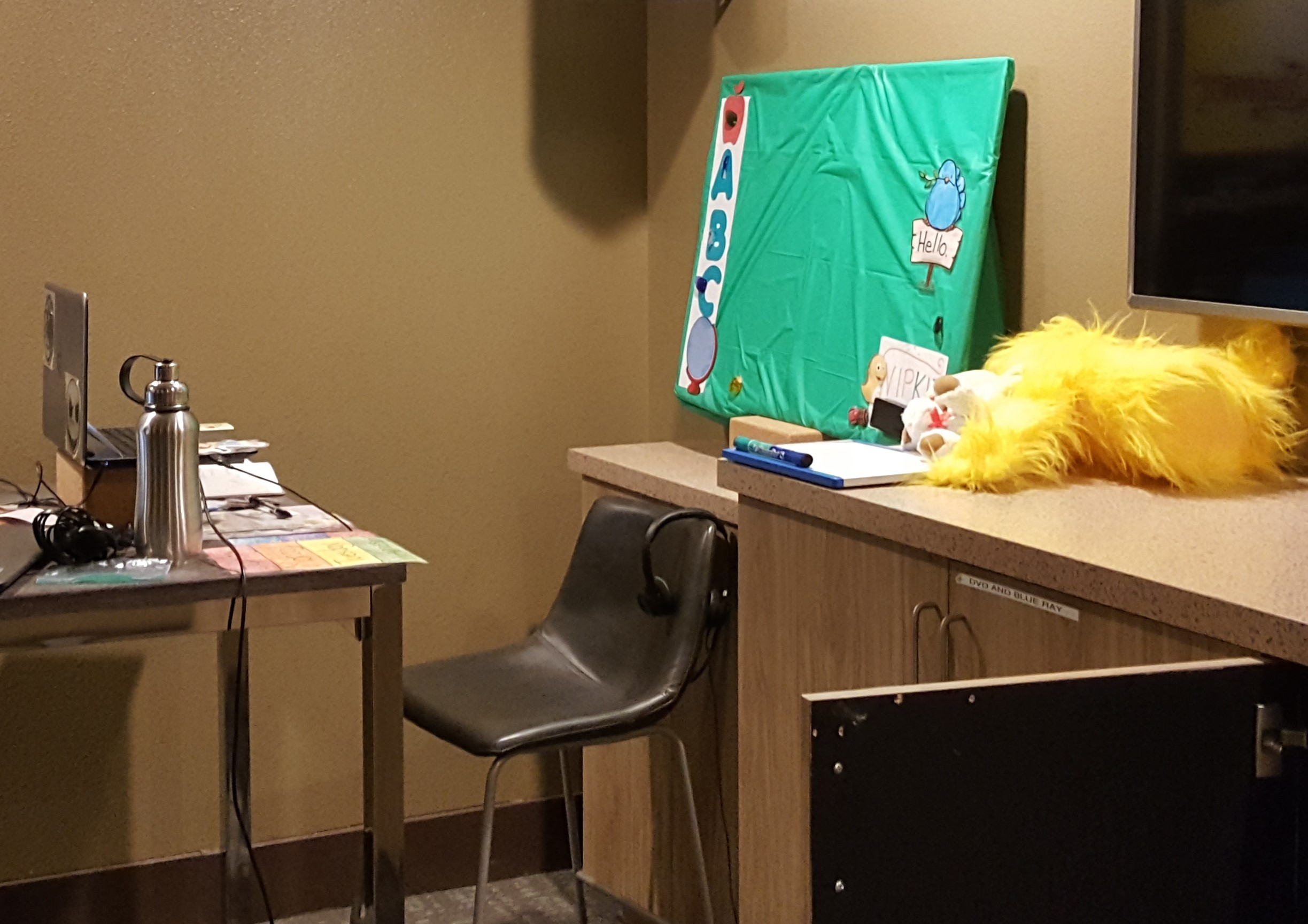 The first of many makeshift classrooms. This first one was in the theater of my apartment building. The conditions inside my apartment were unsuitable for teaching. This isn’t pretty, but it looked decent enough in frame.