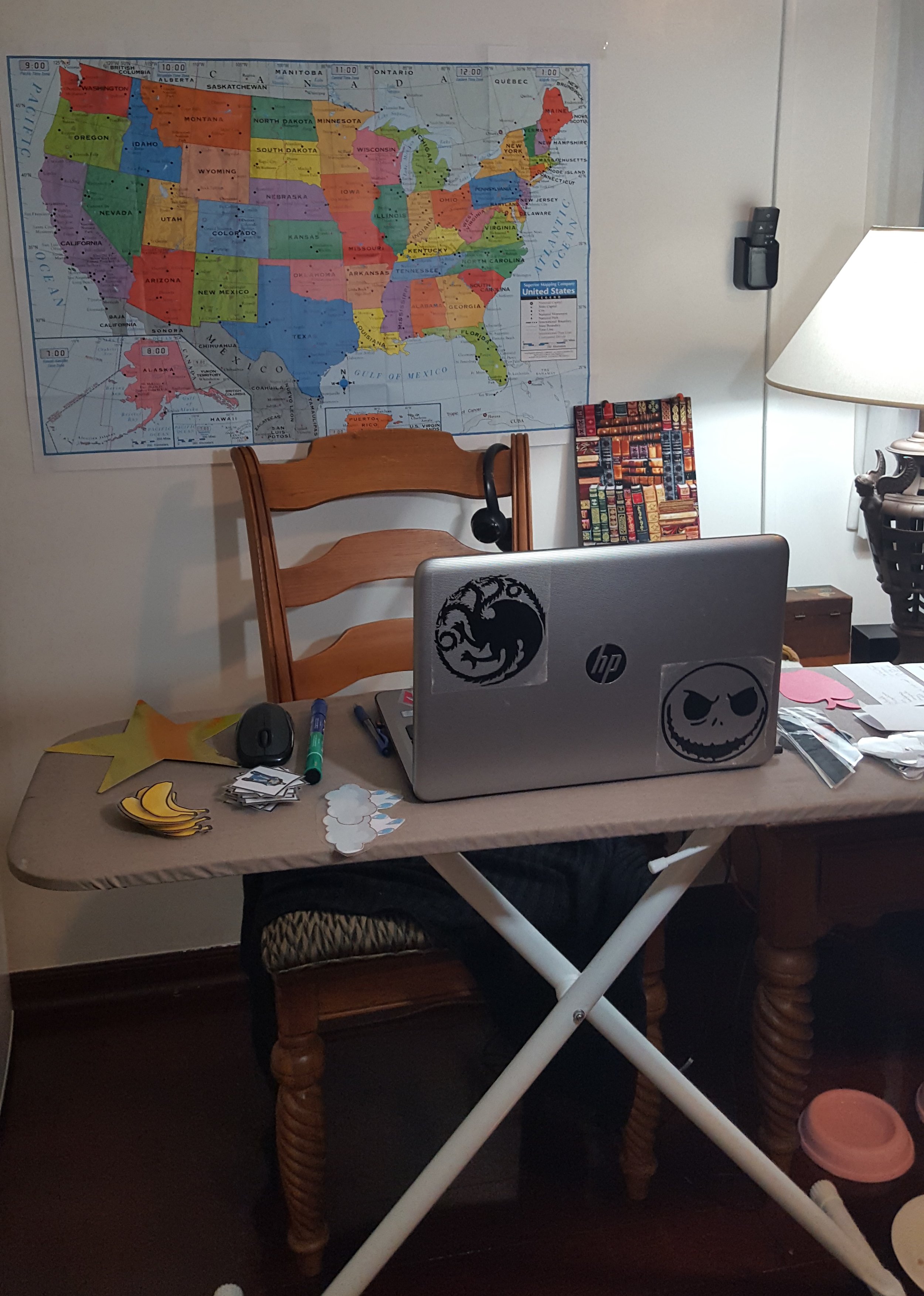 Here is one of several hotel set-ups. I wound up taking the shade off the pictured lamp and bringing in a floor lamp ( sans shade) to create better lighting.