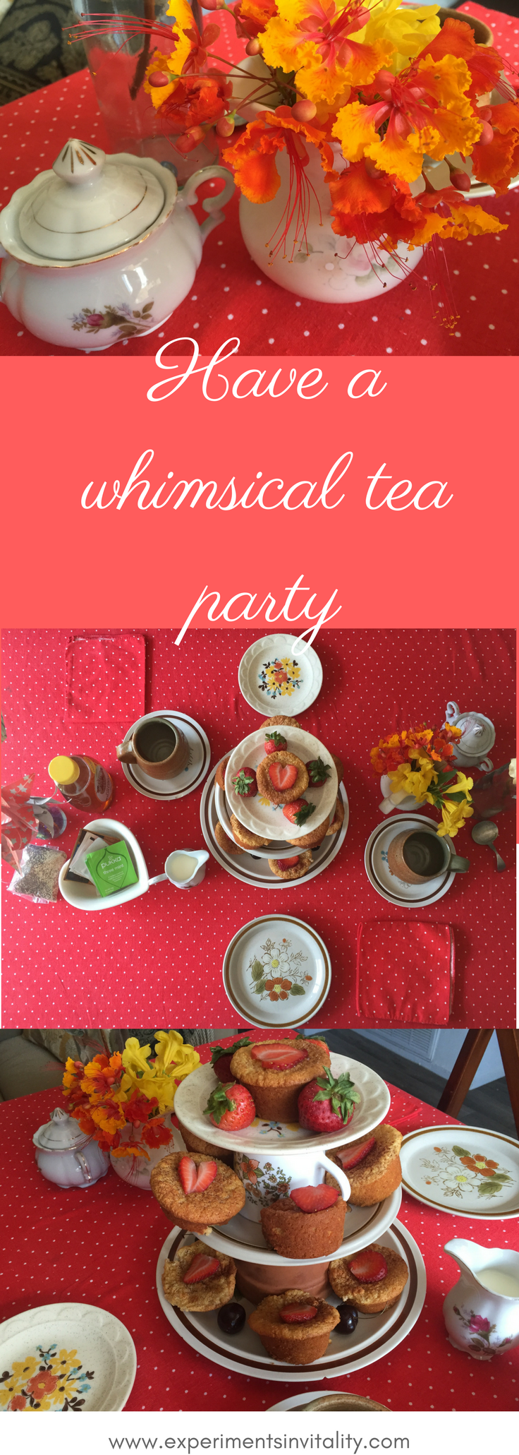 A whimsical tea party invites delight with a tower of gluten-free naked vanilla cupcakes with strawberry toppings, vintage floral plates and tea set, and red and white polka-dot table cloth.