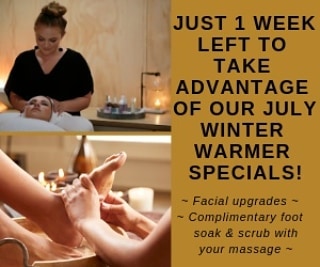 July's Winter Warmer Specials
Only 1 week left! 💆‍♀️ Facial upgrade - Book a 60 minute Beautea Facial & only pay for 30 minutes or book a Luxe 90 minute Facial & only pay for 60 minutes 💗 🤲 Massage upgrade - Recieve a complimentary warm foot soak & sugar scrub with any massage booking 👣

Only a few spaces left!