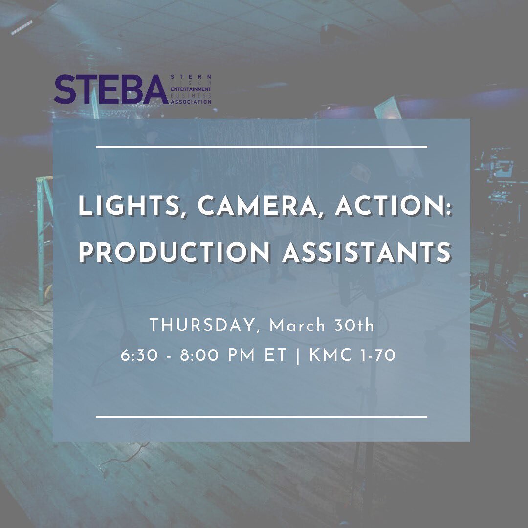 Do you want to know how to work behind the camera with your favorite actors and directors? Join STEBA for a panel to dive into the world of assisting in film and TV productions. See you there at KMC 1-70 this Thursday at 6:30pm! #nyu #nyusteba #produ
