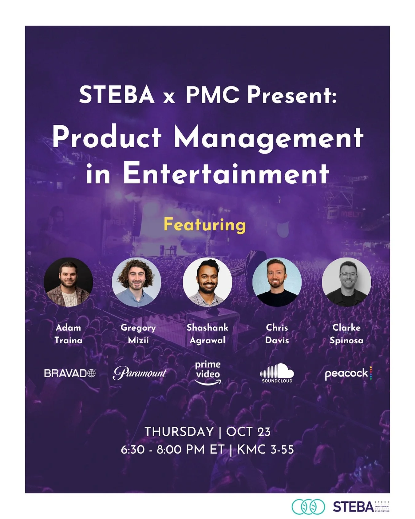 🎬 From streaming platforms to artist merch, product management drives the entertainment experiences we love✨
Join STEBA x PMC this Thursday for a panel featuring professionals from Bravado, Paramount, Prime Video, SoundCloud, and Peacock, as they sh