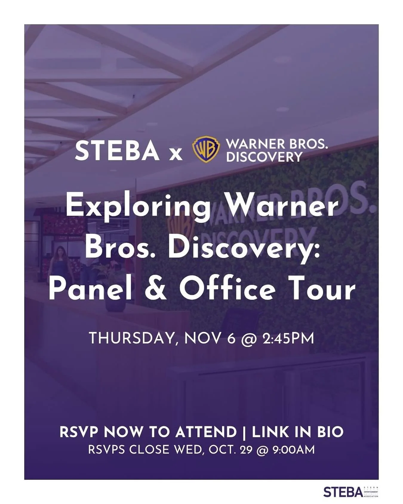 Next Thursday, Nov. 6th, join STEBA for an exclusive tour of the Warner Bros. Discovery Park Avenue South offices, with a panel featuring current WBD employees! 📺🎬

To attend, you must fill out the RSVP form in our bio. RSVP as soon as possible &md
