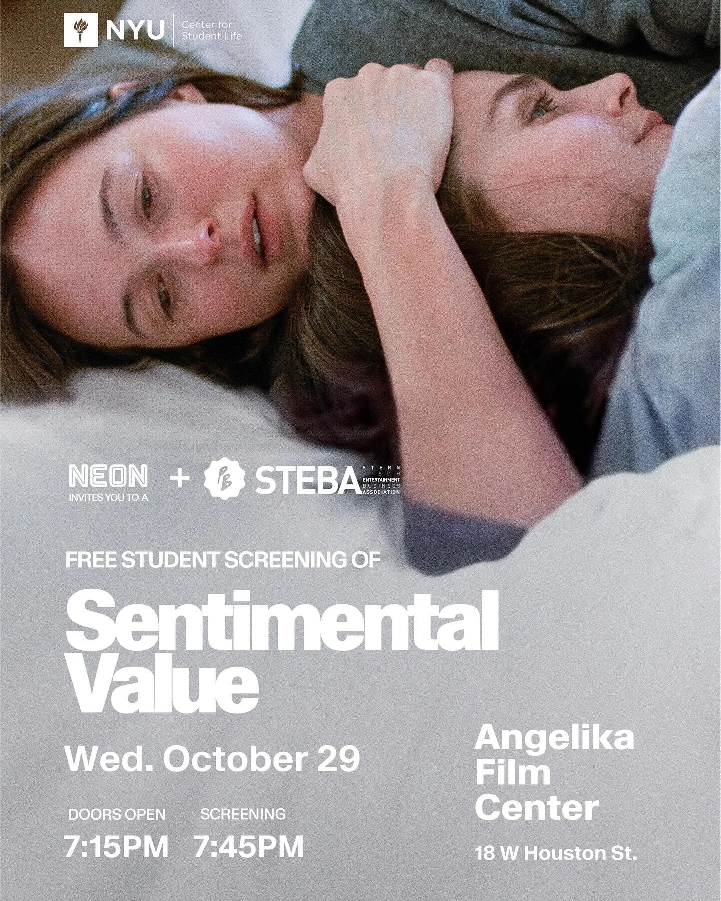 NEON, @NYUPB, &amp; @NYUSTEBA present an EXCLUSIVE advanced screening of SENTIMENTAL VALIE, the new Cannes-winning Oscar contender from THE WORST PERSON IN THE WORLD&rsquo;s Joachim Trier

📅 Wed. October 29th
⏰ 7:45pm (Doors open at 7:15pm)
📍 Angel