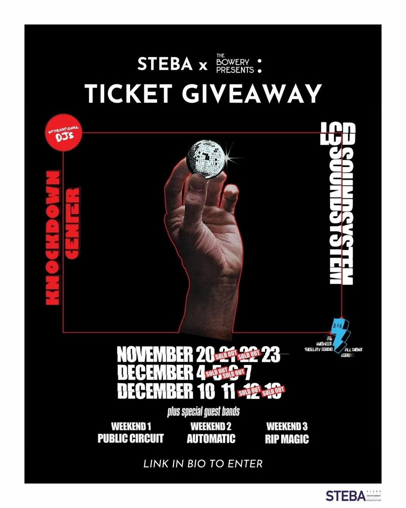 STEBA is partnering with The Bowery Presents to give away a pair of tickets to LCD Soundsystem&rsquo;s NYC Residency on Wednesday, December 10 at Knockdown Center!

🔗 Link in bio to enter, or purchase discounted student tickets at bit.ly/LCDYFO!