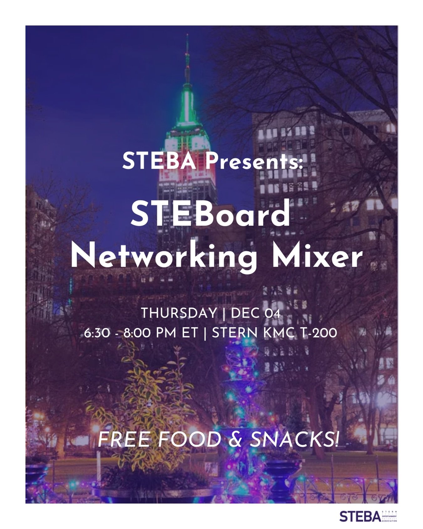 Join us for a relaxed mixer where you can chat with STEBoard💜members who&rsquo;ve interned across film,
TV, and music at companies like NBCUniversal, Warner Music Group, NEON, and more. Grab some snacks🍟and take a break from finals!