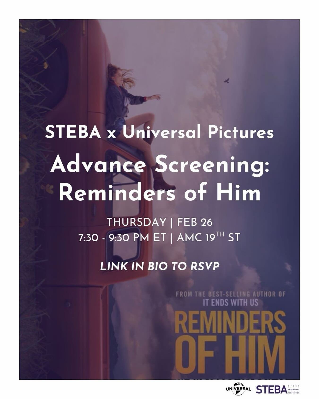 Next Thursday, Feb. 26th, STEBA and Universal Pictures are hosting an advance screening of Universal Pictures&rsquo; Reminders of Him, directed by Vanessa Caswill 🎬 RSVP to see the film ahead of its theatrical release on Mar. 13th 2026!

🗓️ Thursda
