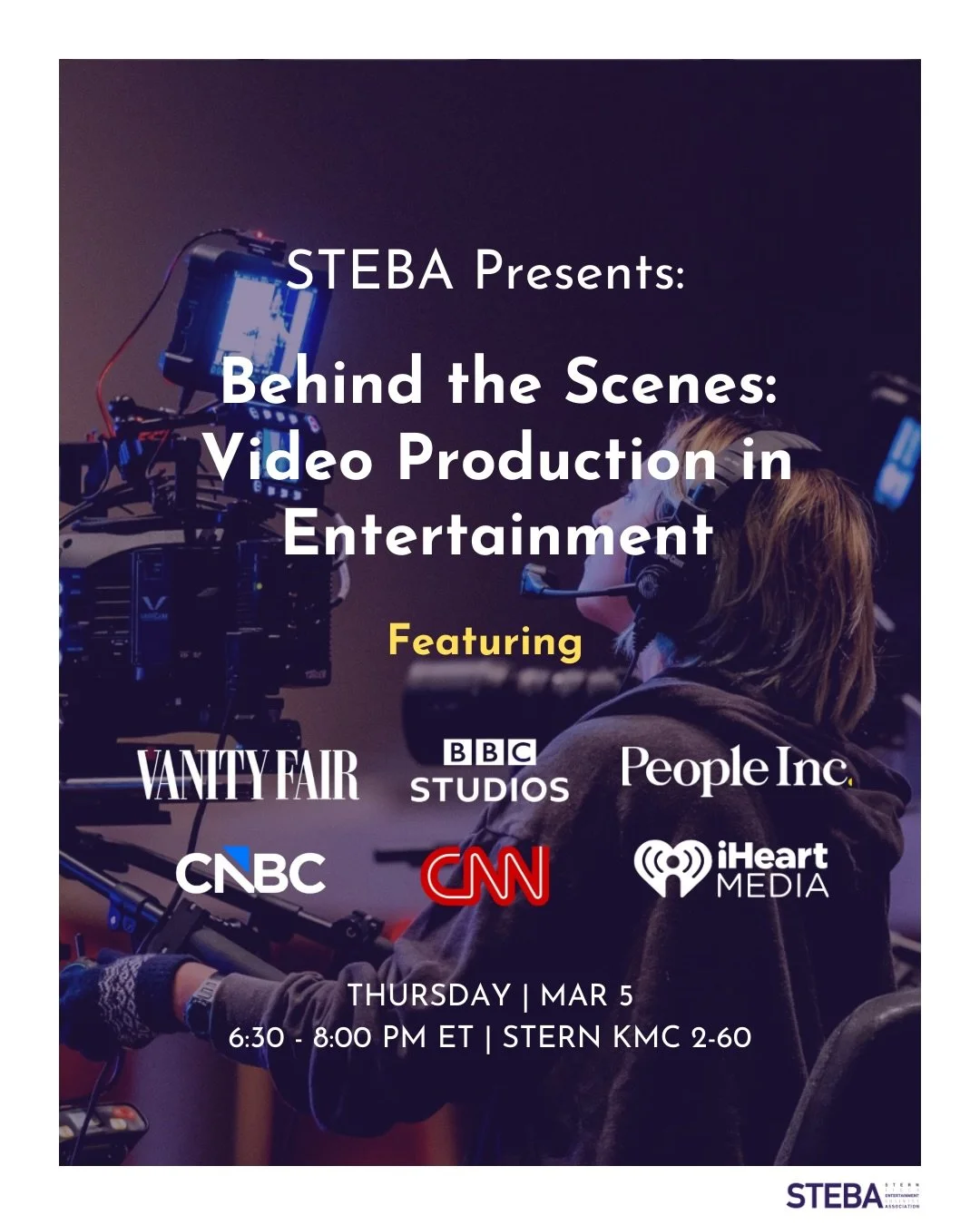 Go behind the scenes of video production in the entertainment industry 🎬

Join STEBA for an exclusive panel featuring video professionals from top media companies as they share insights on storytelling, content creation, and what it really takes to 