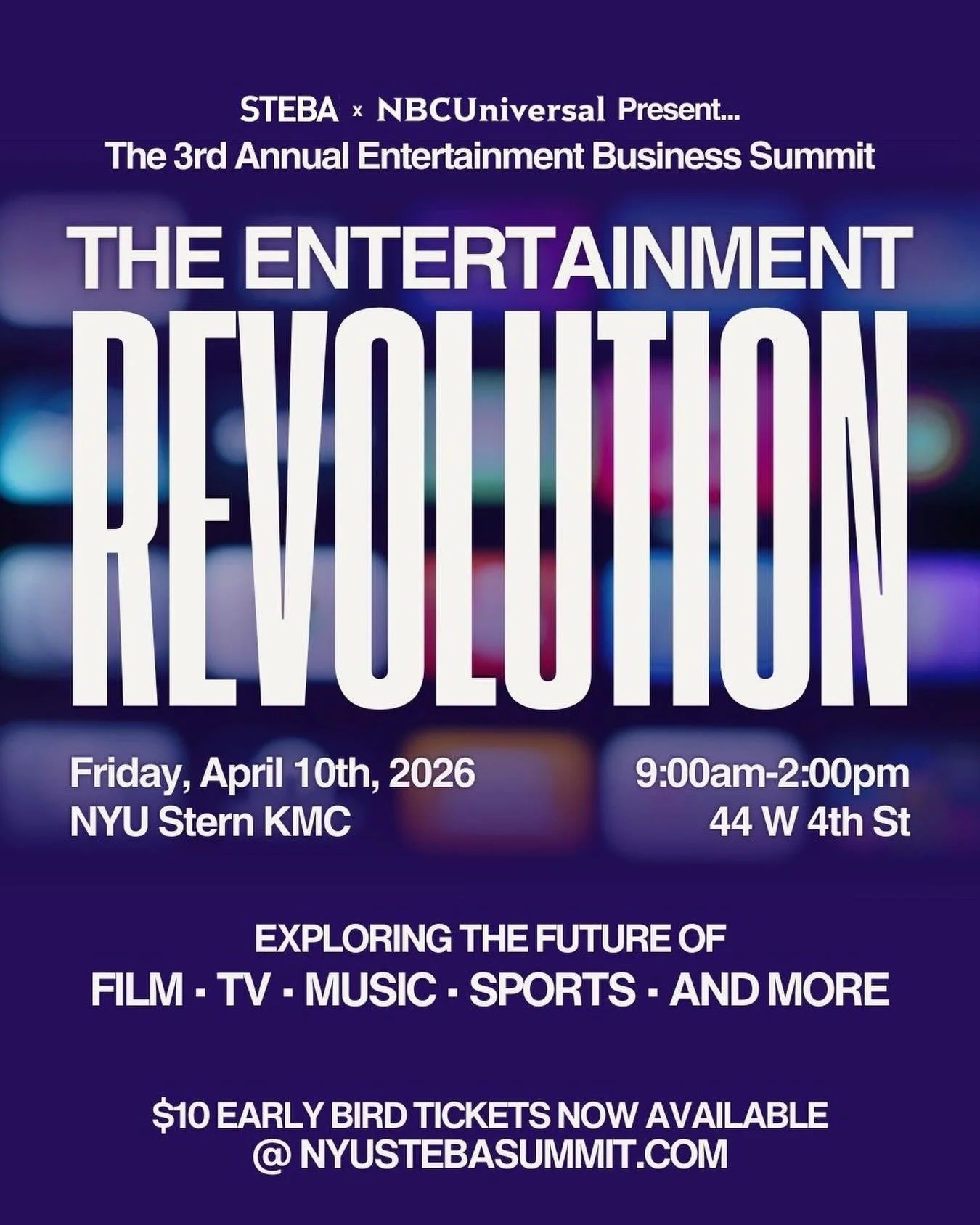 STEBA x NBCUniversal&rsquo;s Annual Entertainment Summit is back! This year, our theme is The Entertainment Revolution 🎬🎤💻

Interested in a career in entertainment? Tickets for the Summit are NOW LIVE &mdash; Join us for a series of panels and net