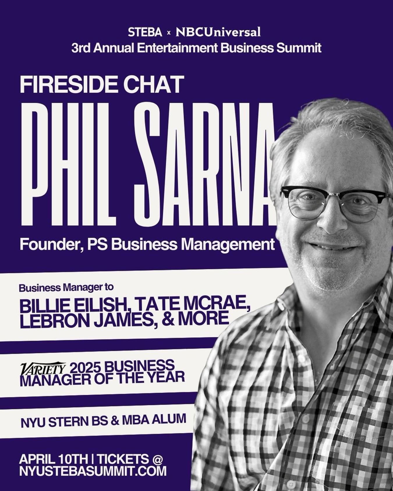 Introducing our Summit Fireside Chat Speaker, Phil Sarna!

Phil Sarna is the Founder and Senior Managing Director of PS Business Management LLC, where he works with talent in film, music, fashion, and sports. He sits at a unique intersection of enter