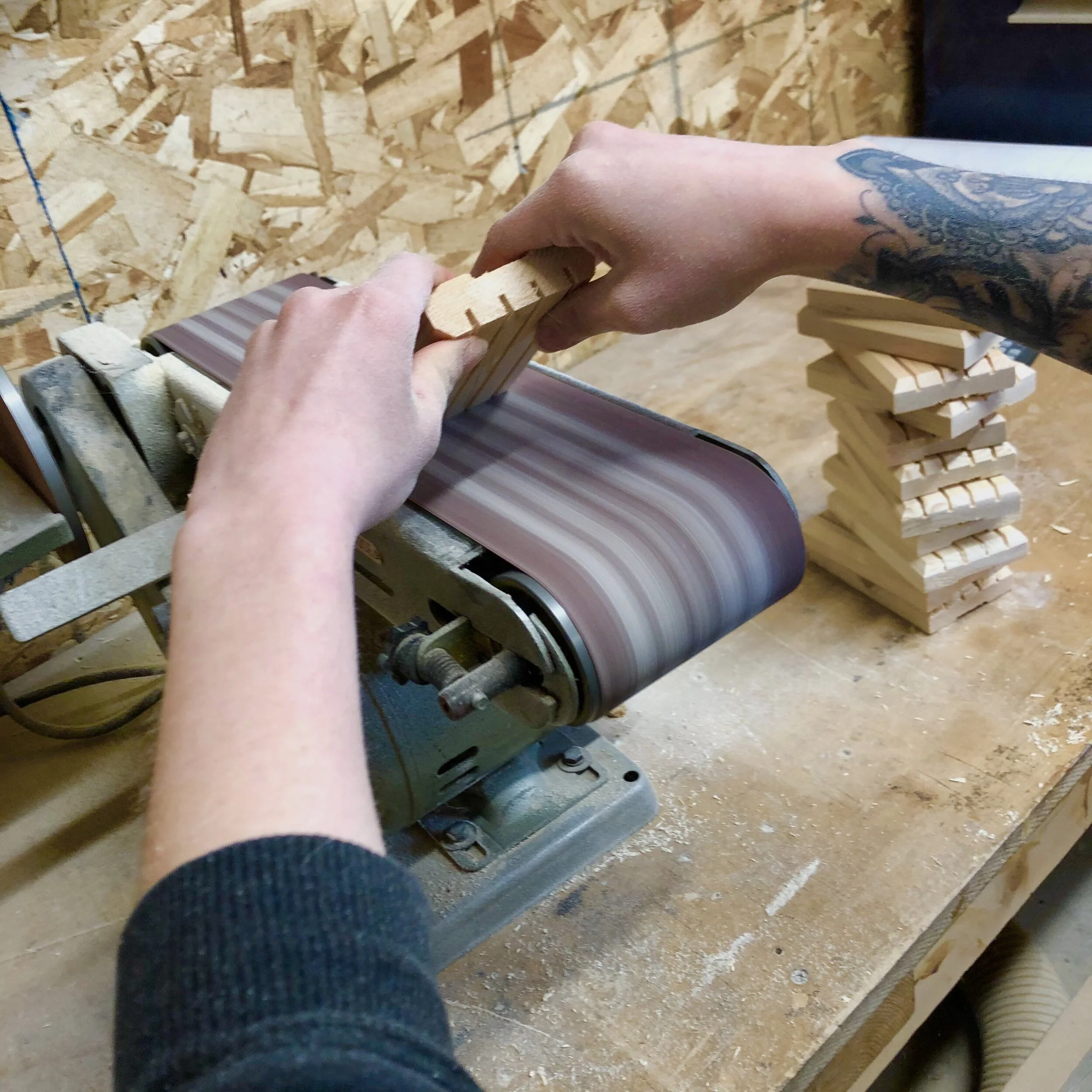Step 5 was to cut each soap holder to the proper length and now for Step 6! Sanding down those edges before the final hand sanding.