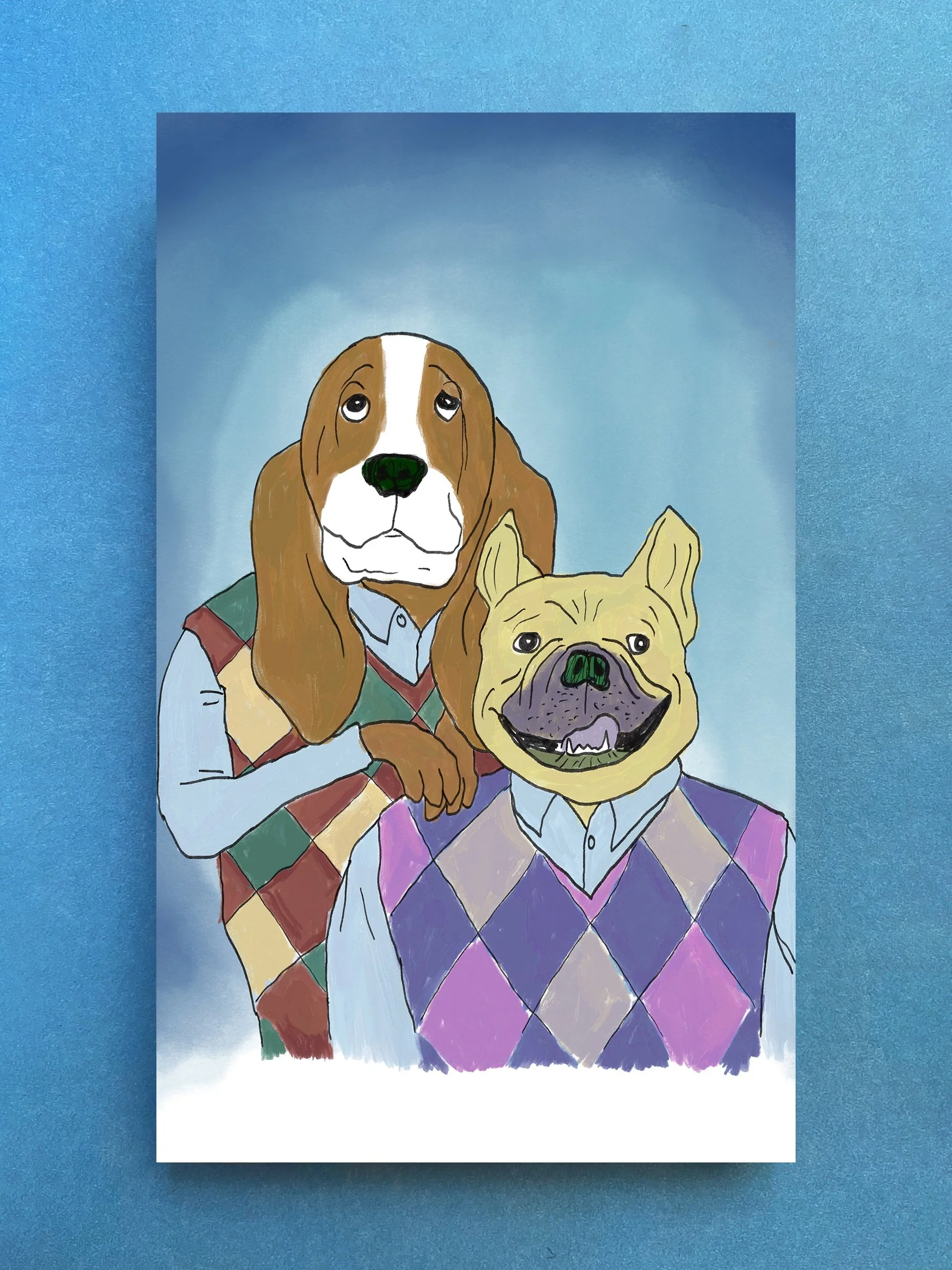 Prompt: I want a picture of a BassetHouse and French Bulldog together like the poster from StepBrothers of Will Ferrell and John C Reily.