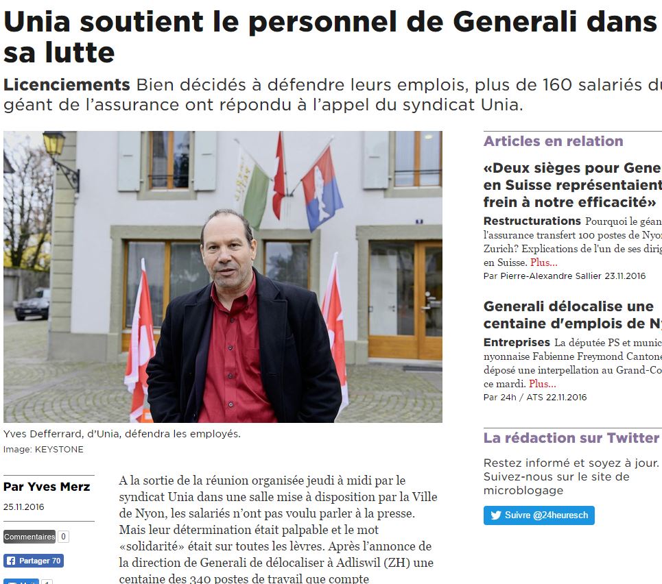 2016-11-25 24 Heures - Unia soutient le personnel de Generali dans la lutte
