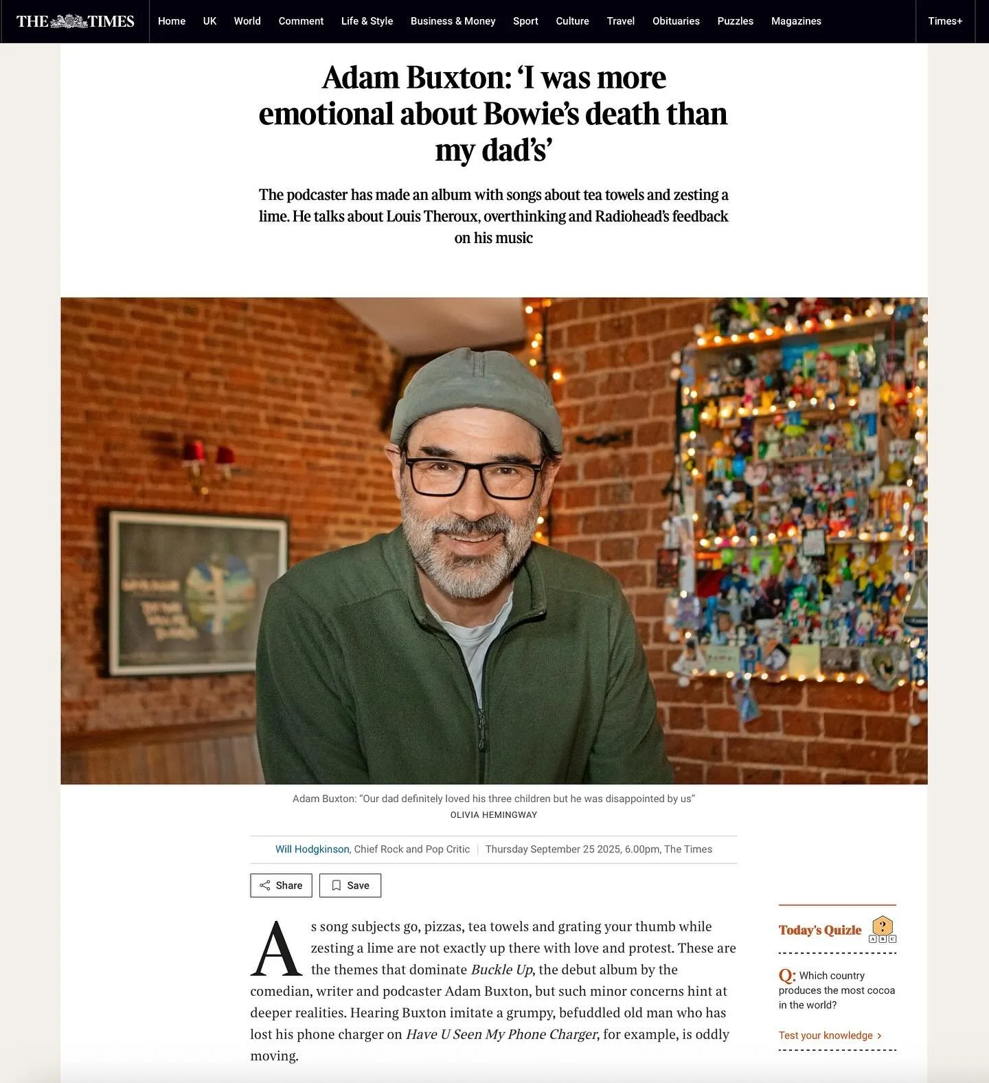 My work in @thetimes - love that it&rsquo;s Adam Buxton, love that Bowie is in the headline, as usual - a mix of candid, funny and moving&hellip; and I couldn&rsquo;t resist adding just one image of Adam and Rosie. (Nearly exploded my heart when he c