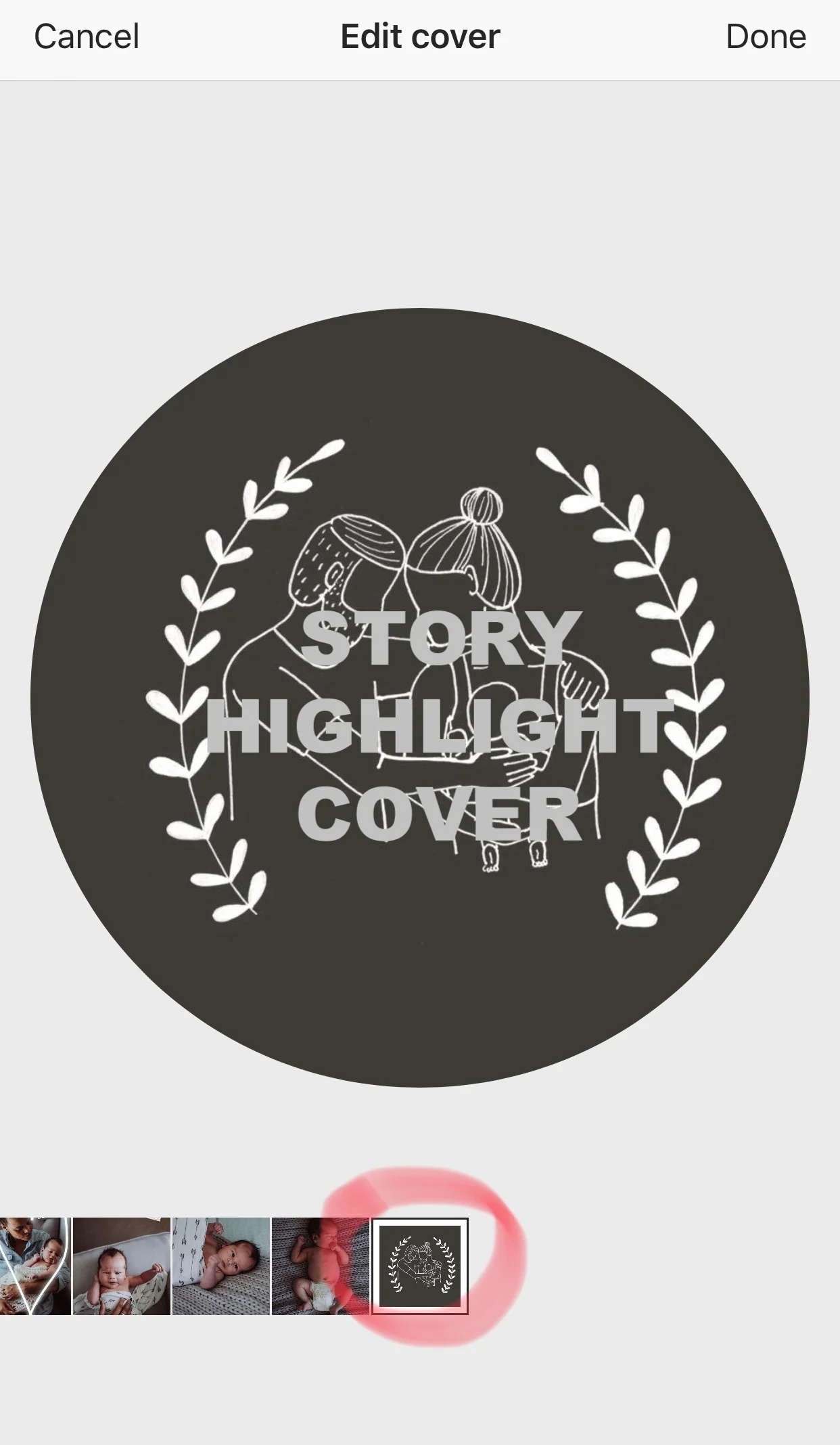 10. You'll notice the ' Lauren + Douglas Birth-Themed Covers ' have been designed and formatted to fit without further adjustment. If needed you can scale the icon up or down and reposition the image within the circle frame.