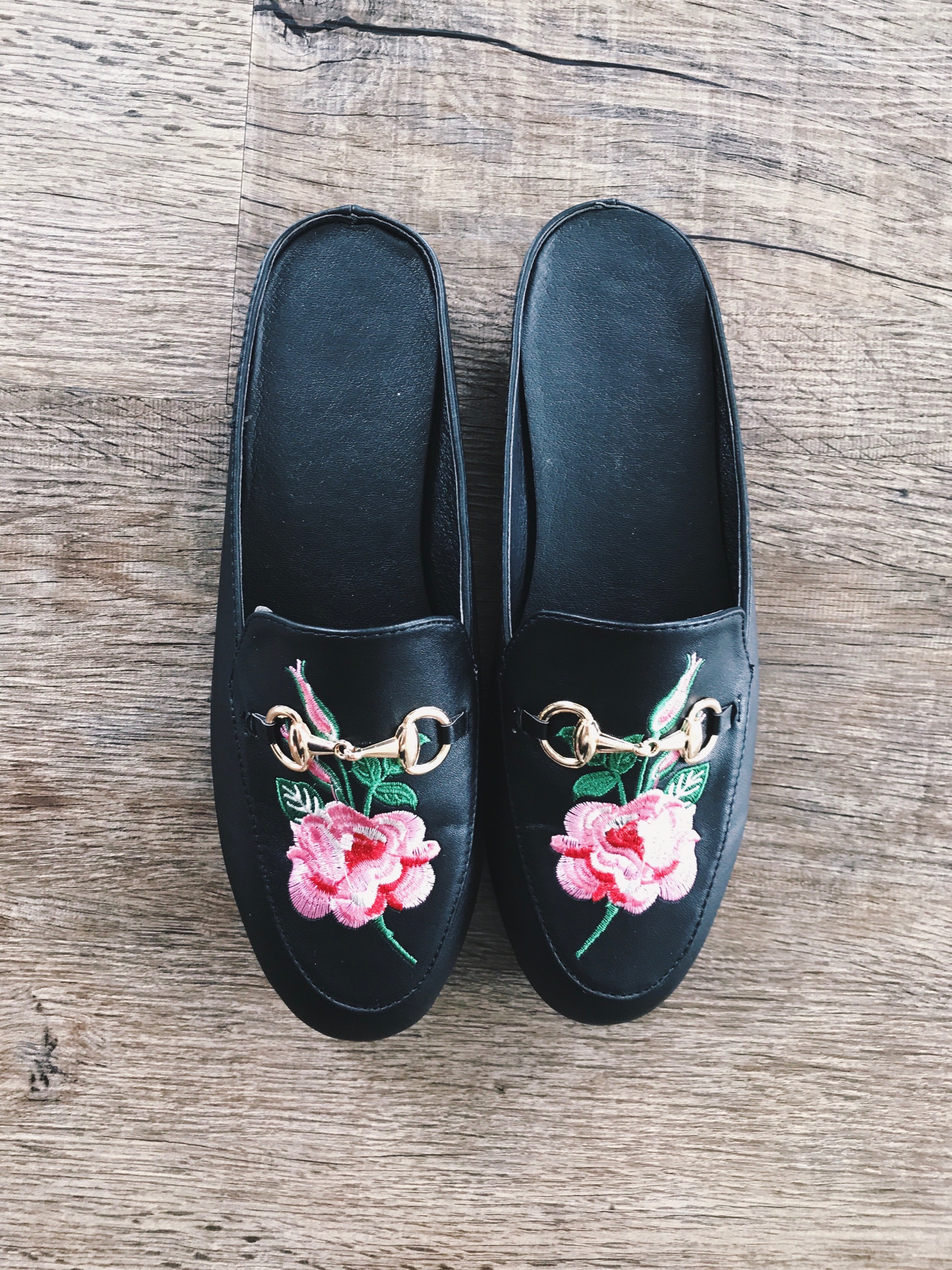 I'm sure I don't have to explain what these Black Faux Leather Rose Embroidered Slip-on Shoes ($32) are replicas of, but for those who haven't been on Instagram, Gucci's Princetown Leather Loafers ($795) are about as close to cult status now as anything. The leather quality is, as expected, the biggest disparity between these and the real thing, but the buckle and the embroidery are actually very spot-on. I'll wear these babies with some wide leg pants, a tank body suit, and a bomber for a hella comfortable weekend look.