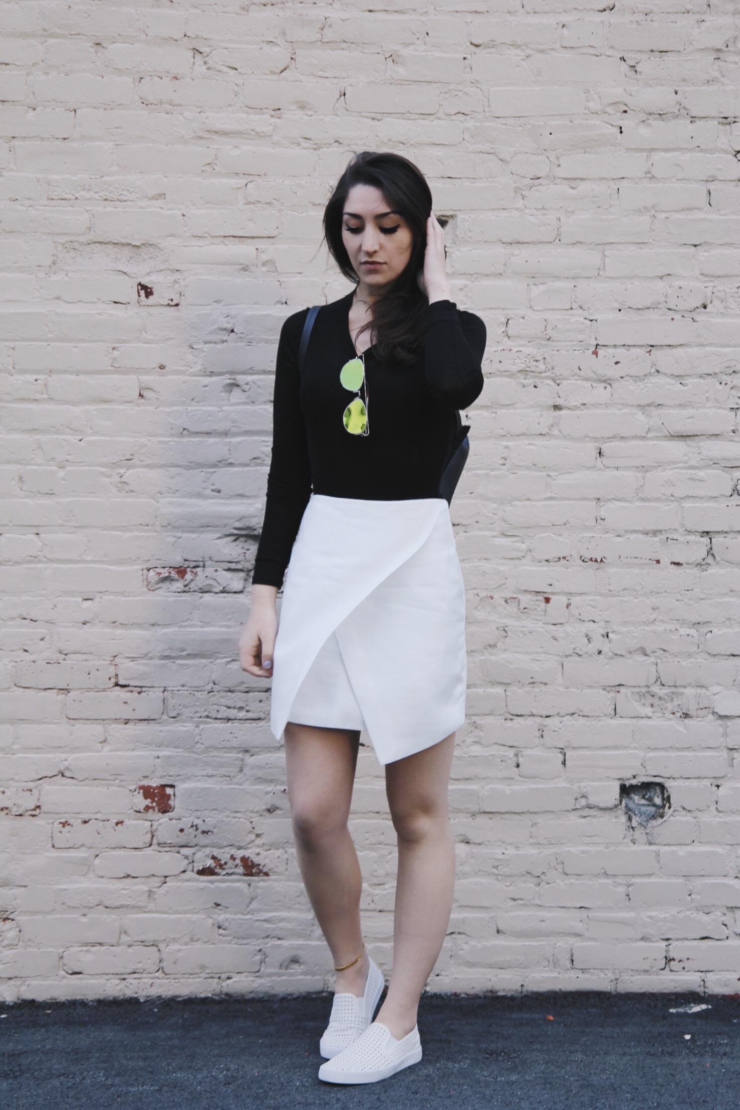 1. Restricted Shoes V egas in White // 2. Splendid Layers Long Sleeve Tee in Black // 3. Evers Collective Celine Tie Front Skirt in White 