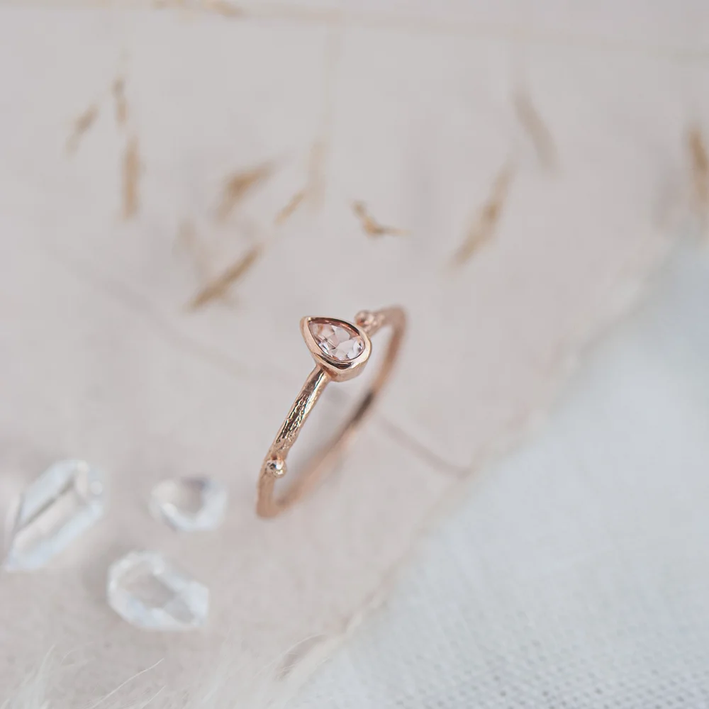 Birch Twig Teardrop Morganite Ring in 14ct Alice Stewart Jewellery - Main Image
