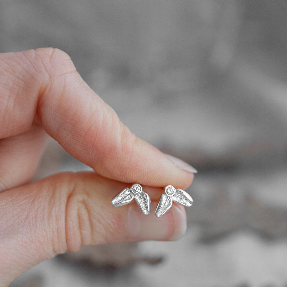 Silver diamond leaf earrings
