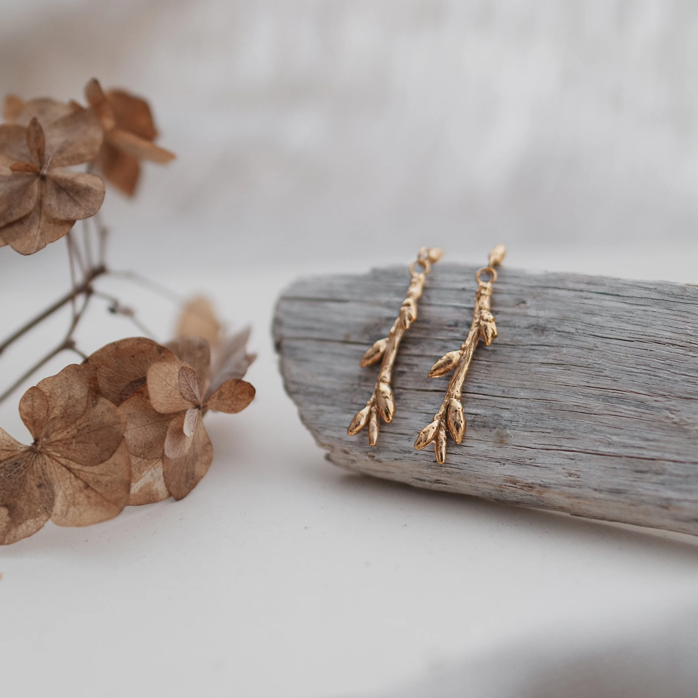 Birch Twig Drop Earrings in Gold