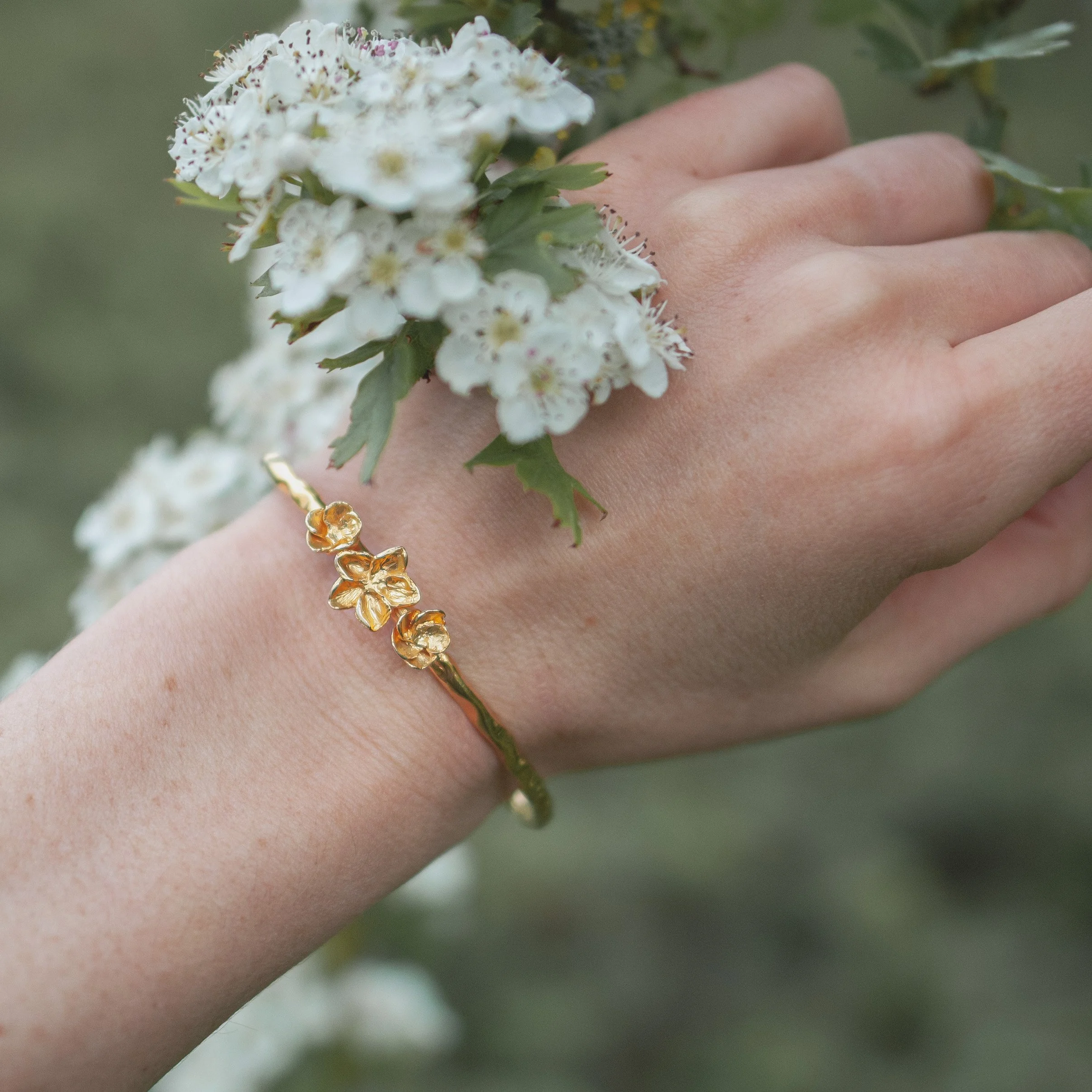 Recycled gold nature inspired hawthorn blossom inspired bangle