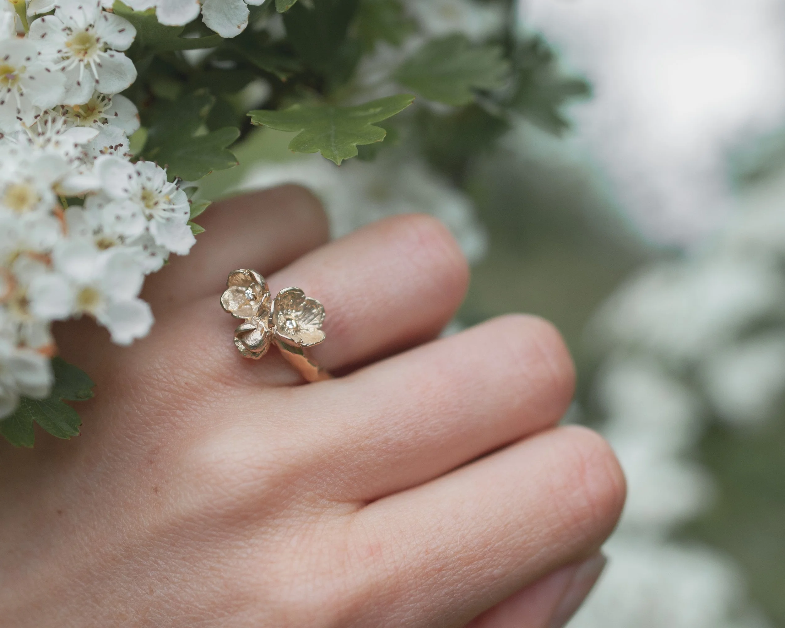 Recycled gold hawthorn blossom inspired ring