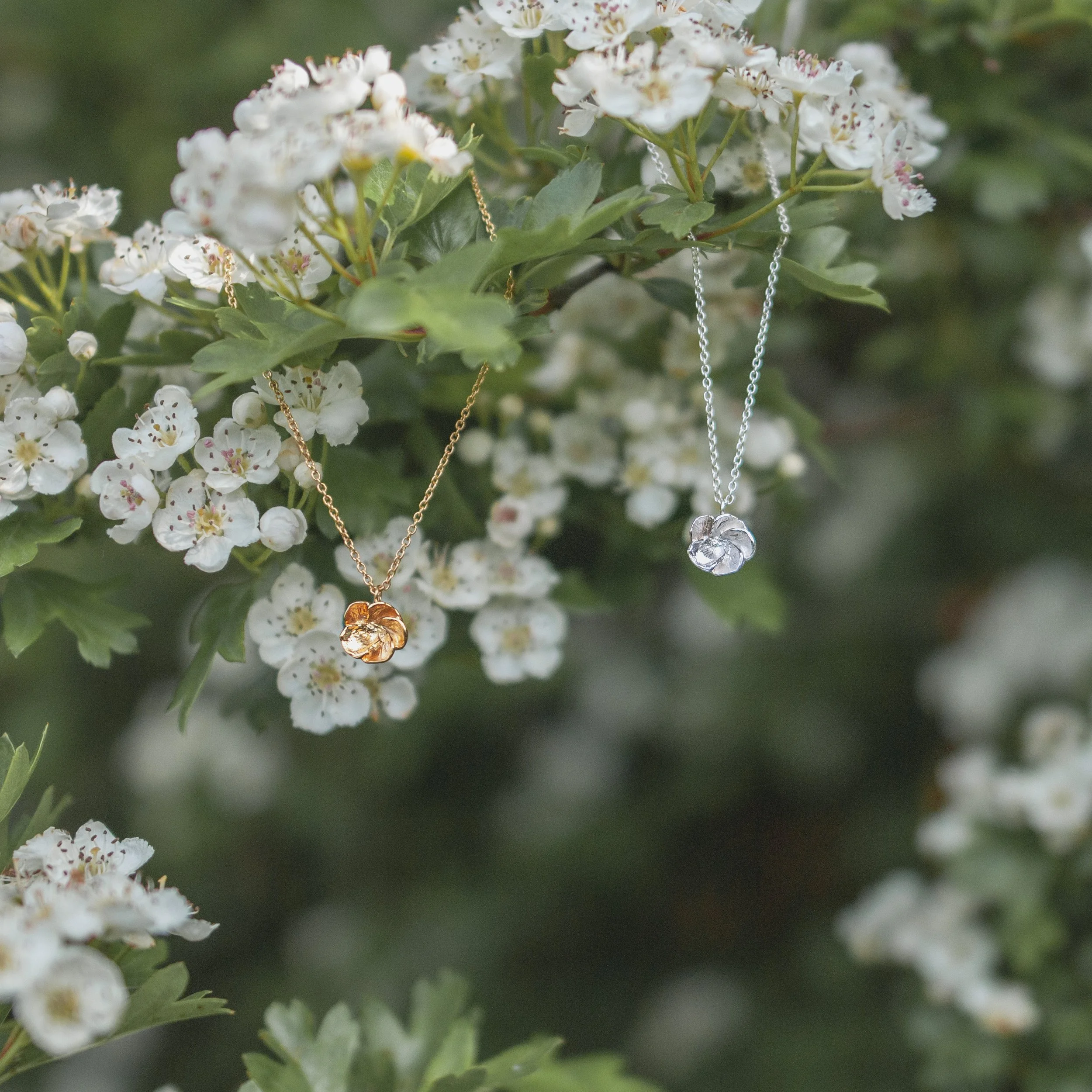 Recycled gold &amp; sterling silver hawthorn blossom inspired necklaces